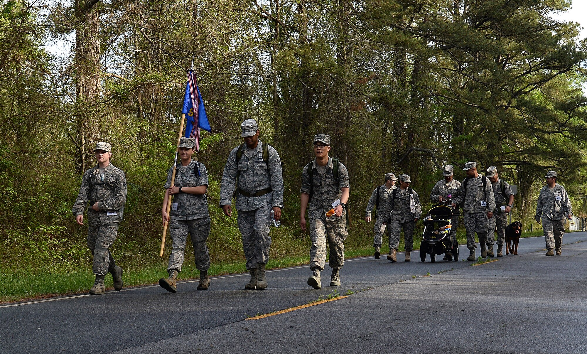 U.S. Air Force Airmen from the 438th Supply Chain Operations Squadron participate in the 16.6 mile Bataan Death March in Chesapeake, Va., April 18, 2015. Participants walked to honor those Prisoners of War who were a part of the original Bataan Death March in April 1942. (U.S. Air Force photo by Staff Sgt. Teresa J. Cleveland/Released)