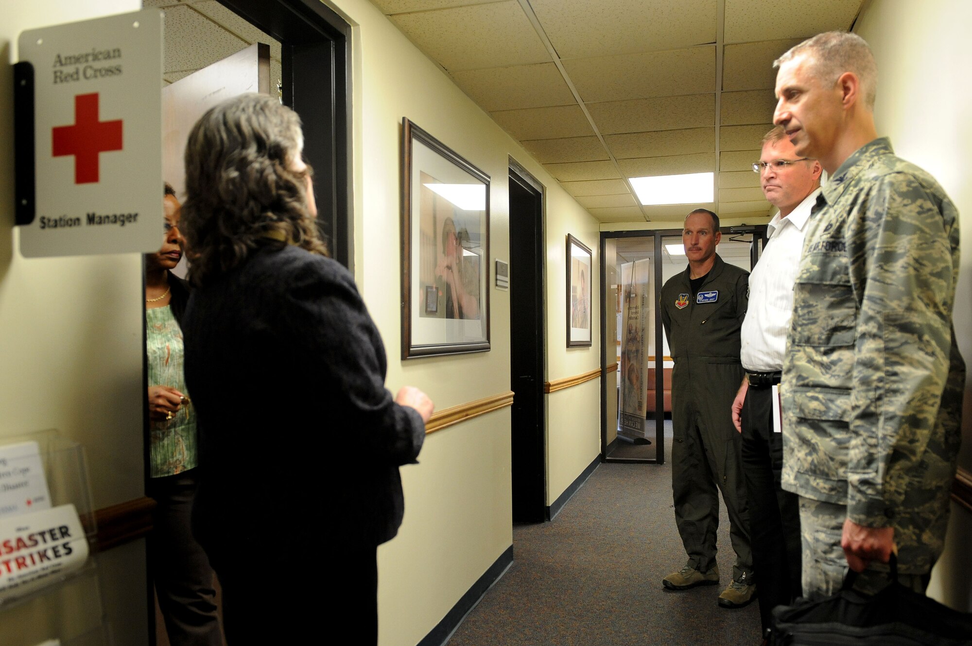 U.S Air Force Col. Stephen Jost, 20th Fighter Wing commander, visits the new American Red Cross office at Shaw Air Force Base, S.C., March 20, 2015. The new office is located in the Airman and Family Readiness Center in room 103. (U.S. Air Force photo by Senior Airman Diana M. Cossaboom/Released)