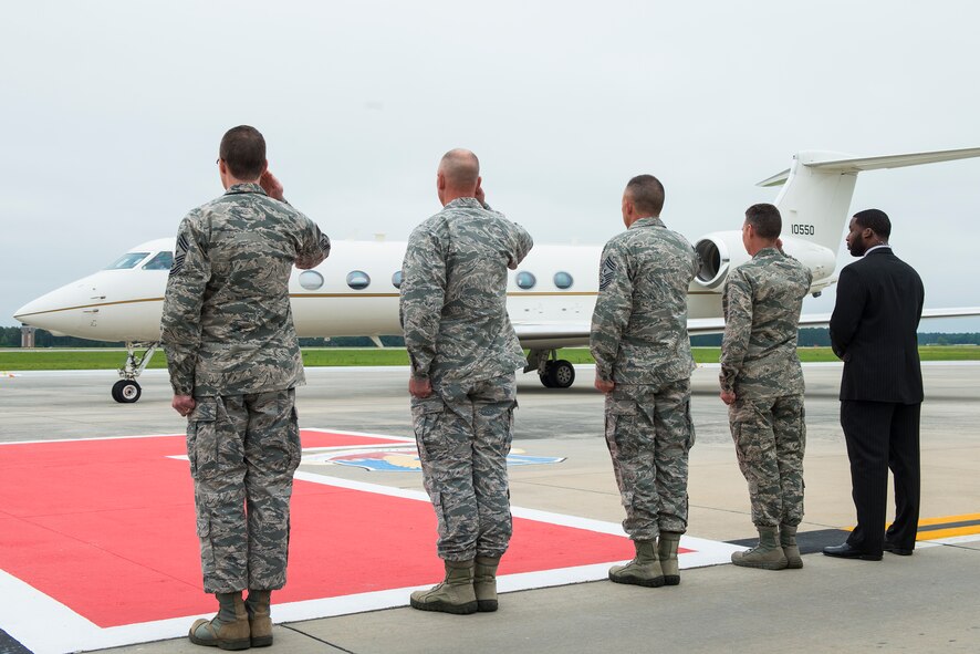 Moody leadership salutes Air Force Chief of Staff Gen. Mark A. Welsh III, as he arrives April 16, 2015, at Moody Air Force Base, Ga. During Welsh’s visit he met with Moody Airmen, hosted an all-call, viewed static displays, and attended a demonstration by the 820th Base Defense Group. (U.S. Air Force photo by Airman 1st Class Ceaira Tinsley/Released)