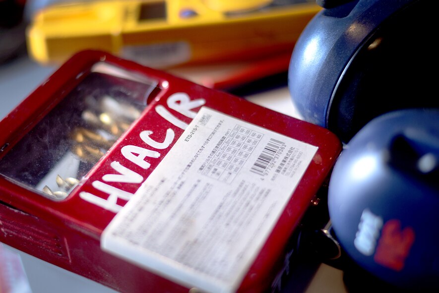 374th Civil Engineer Squadron Heating Ventilation and Air Conditioning unit equipment sits on a table April 21, 2015 at Yokota Air Base, Japan. HVAC Airmen utilized these tools when prepping a heat pump for installation. (U.S. Air Force photo by Airman 1st Class Delano Scott/Released)