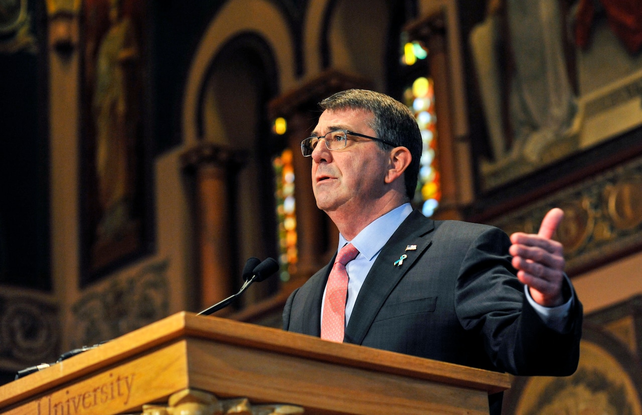 Defense Secretary Ash Carter discusses the Defense Department’s efforts regarding sexual assault prevention and response in an address to ROTC midshipmen and cadets from Georgetown, Howard, Catholic, American and George Washington universities at Georgetown University in Washington, D.C., April 22, 2015. DoD photo by Glenn Fawcett 