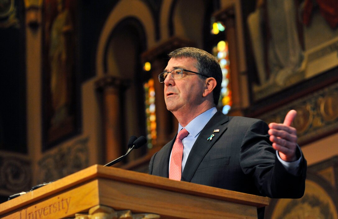 Defense Secretary Ash Carter delivers remarks to several hundred ROTC members at Georgetown University in Washington, D.C., April 22, 2015. 