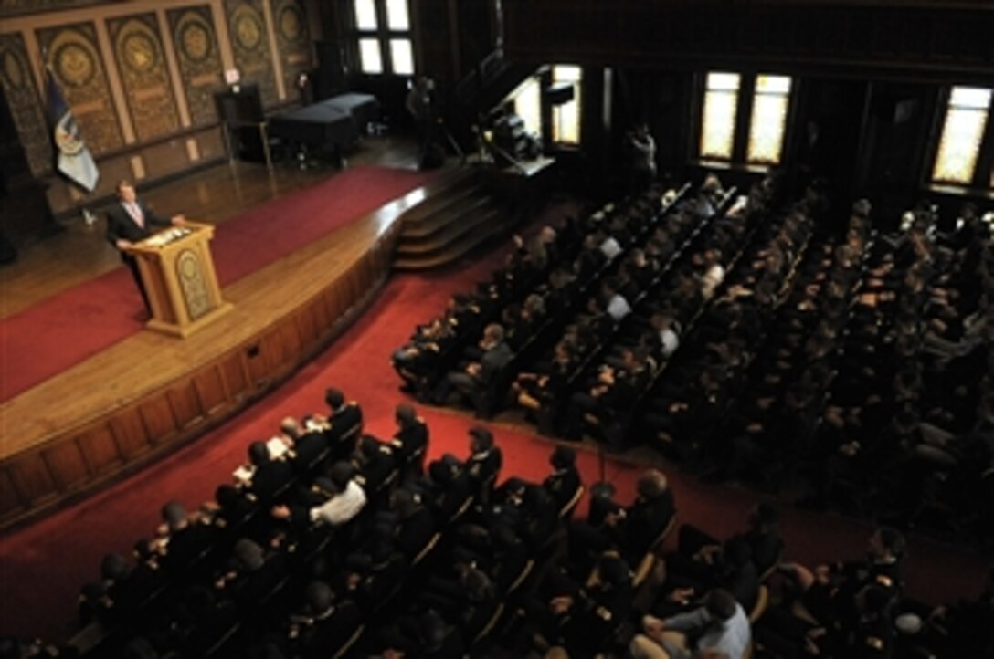 Defense Secretary Ash Carter delivers remarks at Georgetown University in Washington, D.C., to several hundred ROTC midshipmen and cadets from Georgetown, Howard, Catholic, American and George Washington universities about the Defense Department’s efforts regarding sexual assault prevention and response, April 22, 2015.
