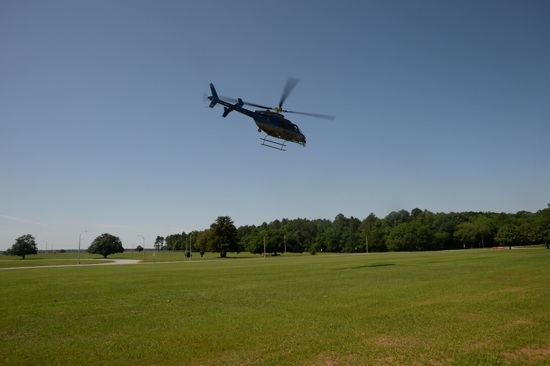 Georgia State Patrol Aviation Division personnel provide air support during the Raging Renegade active-shooter exercise, here, April 21. The helicopter gave an aerial tactical advantage to Marine Corps Logistics Albany’s law enforcement and assisted the Marine Corps Police Department in locating and apprehending one of two suspects during the simulated incident.