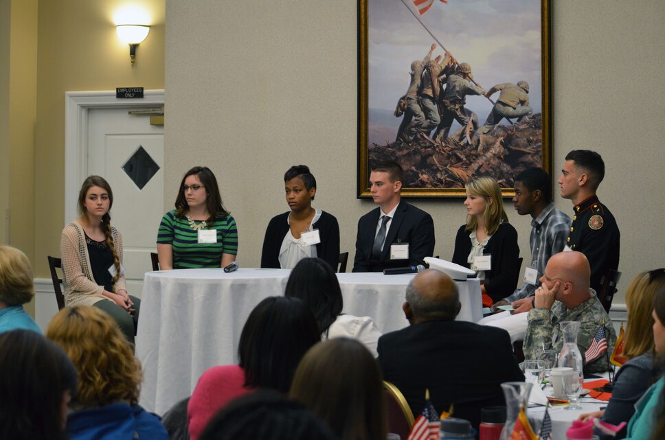 A group of students attended that the sixth annual Education Symposium to answer a question asked of the them by educators. The symposium was hosted by Quantico’s school liaison officers and held at The Clubs at Quantico. The students came from both Quantico Middle/High School and off-base schools in the local area. From the left are Aliyah, Dutch, Emily and Donovan. 