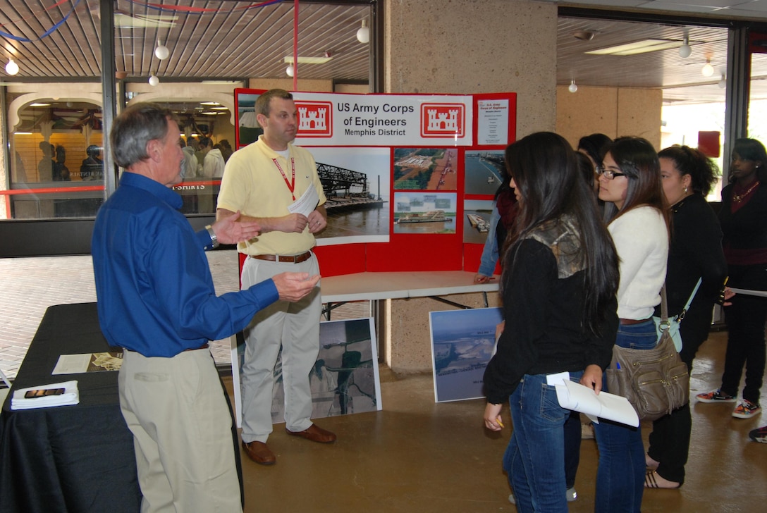 Four Memphis District employees from our Engineering and Construction Division, and our Operations Division, participated in an outreach event April 23 called “Who Works the Rivers.” 

About 100 students from Kingsbury High School in Memphis and the Mid-South Community College in West Memphis, Ark., attended the day-long event held at the Mud Island River Park. The purpose of the activity was to help students understand how work on the Mississippi River might be in their futures, and to learn more about careers in industry, transportation, and science. 

The students spent the morning exploring the Mud Island Museum, the scale model River Walk, and touring a working commercial towboat. After lunch they met with representatives from the U.S. Army Corps of Engineers, U.S. Coast Guard, the Seaman’s Church Institute, river terminal operators and representatives from commercial towboat companies.
