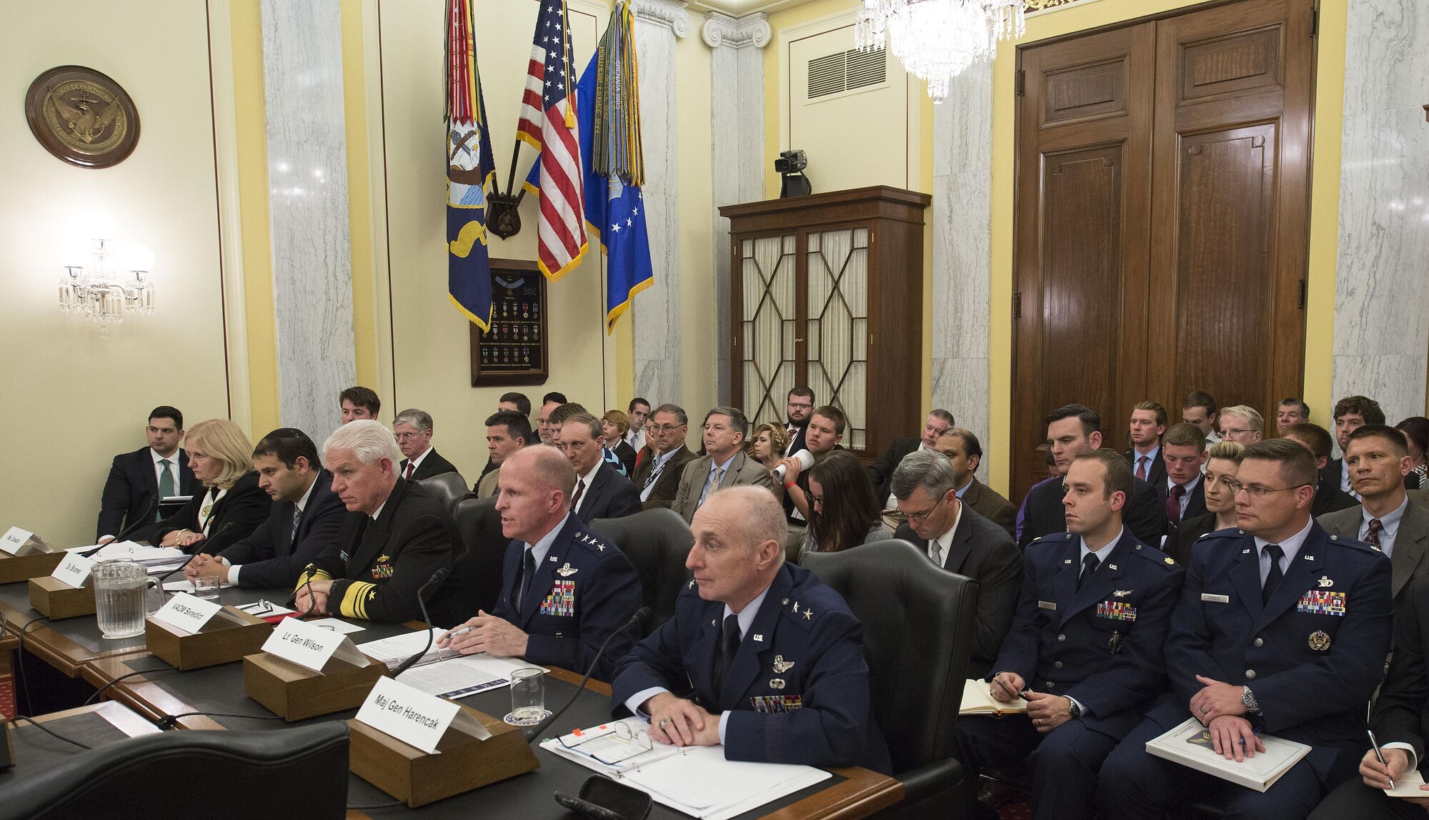 Lt. Gen. Stephen W. Wilson, the commander of Air Force Global Strike Command, and Maj. Gen. Garrett Harencak, the Air Force Assistant Chief of Staff for Strategic Deterrence and Nuclear Integration, along with leaders for strategic forces from the Department of Defense and Navy, testified on the state of the nuclear enterprise during a Senate Armed Services Committee, Subcommittee on Strategic Forces hearing, Washington, D.C., April 22, 2015. The subcommittee convened to receive information on Air Force and Navy nuclear programs and the implementations of nuclear enterprise review recommendations. (U.S. Air Force photo/Jim Varhegyi)