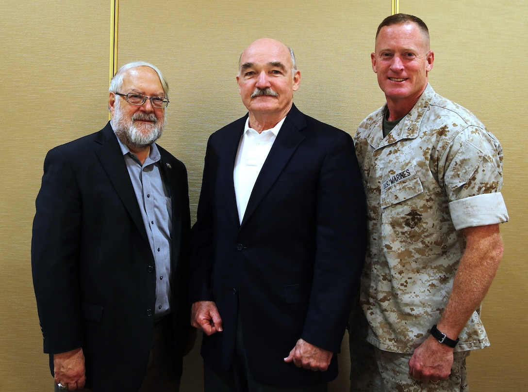 Dr. Robert Weisenmiller, left, chair of the California Energy Commission, the Honorable Dennis McGinn, center, Assistant Secretary of the Navy (Energy, Installations and Environment) and Brig. Gen. Edward D. Banta, left, Commanding General, Marine Corps Base Camp Pendleton, Marine Corps Installations - West, pose for a photograph during the Department of Navy – California Agency Meeting held at the Pacific Views Events center here, April 23. 

The Honorable McGinn chaired the conference, which covered energy opportunities and solutions, energy and utilities infrastructures, alternative fuel sources and vehicles, state energy legislations, and coverage of the California drought and desalination throughout the course of the conference.