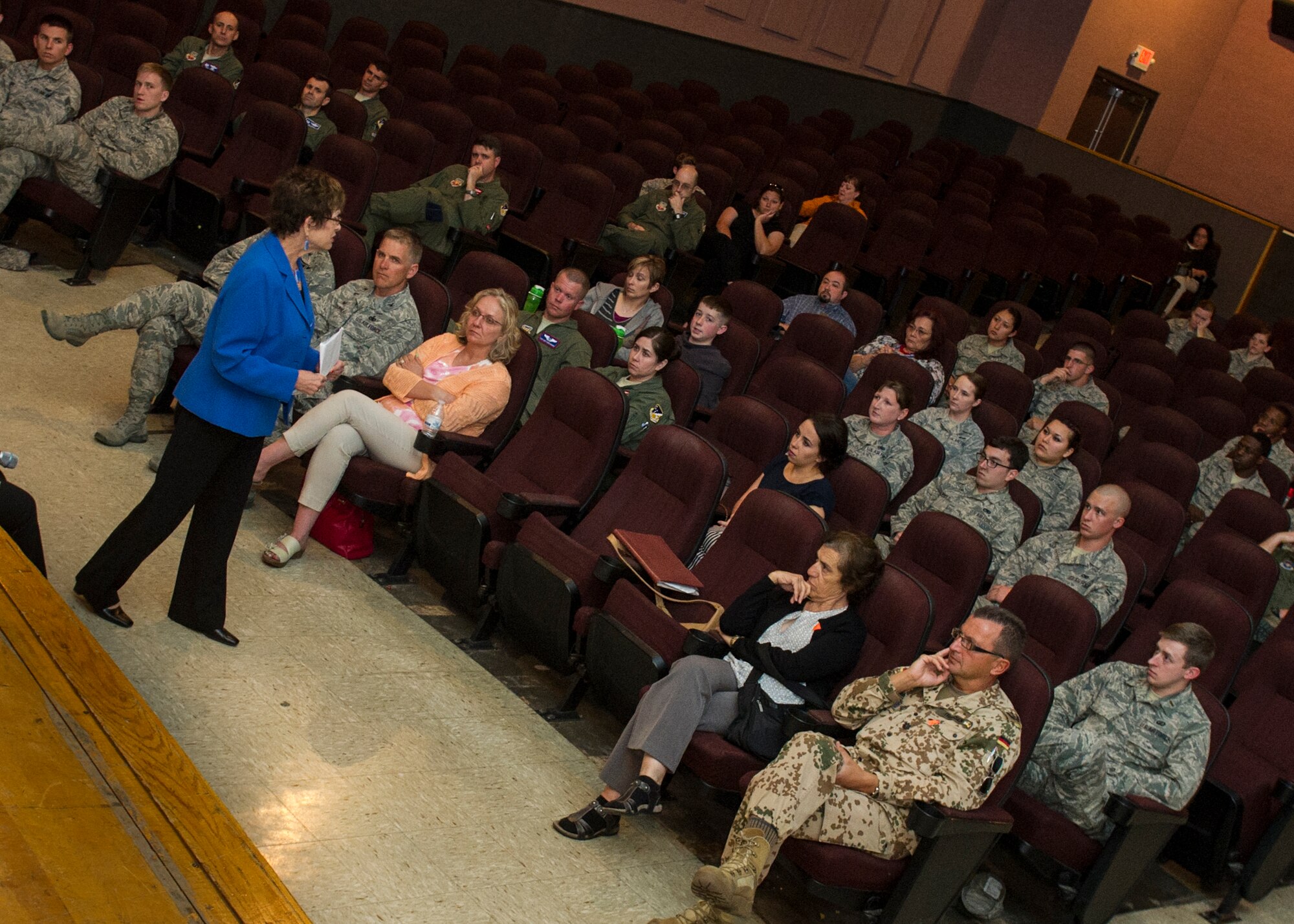 Dr. Gail Wallen, founder and director of the military holocaust education program delivers and introduction before Lily Brull, Holocaust survivor tells the story of her experiences living through the Holocaust during the Holocaust day of remembrance at Holloman Air Force Base, N.M., April 21, 2015. The participants at this day of remembrance were given a unique view of the Holocaust, one that cannot be learned from a text book. “I find that it is very important because of the things that happen in this world, people need to be informed,” said Brull. “The best information you can get is from personal accounts.” (U.S. Air Force photo by Airman 1st Class Aaron Montoya / Released)