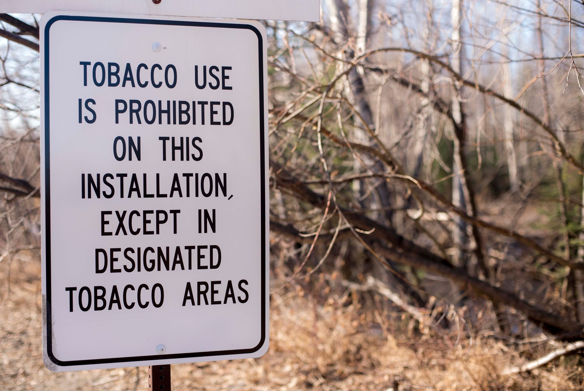 A new Designated Tobacco Area sign is displayed on Eielson Air Force Base, Alaska, April 14, 2015.  Changes to Air Force Instruction 40-102 outline the DTA as the only place tobacco can be used outdoors as well as broadening the description of tobacco to include electronic cigarettes.  (U.S. Air Force photo by Master Sgt. Karen Tomasik/Released)