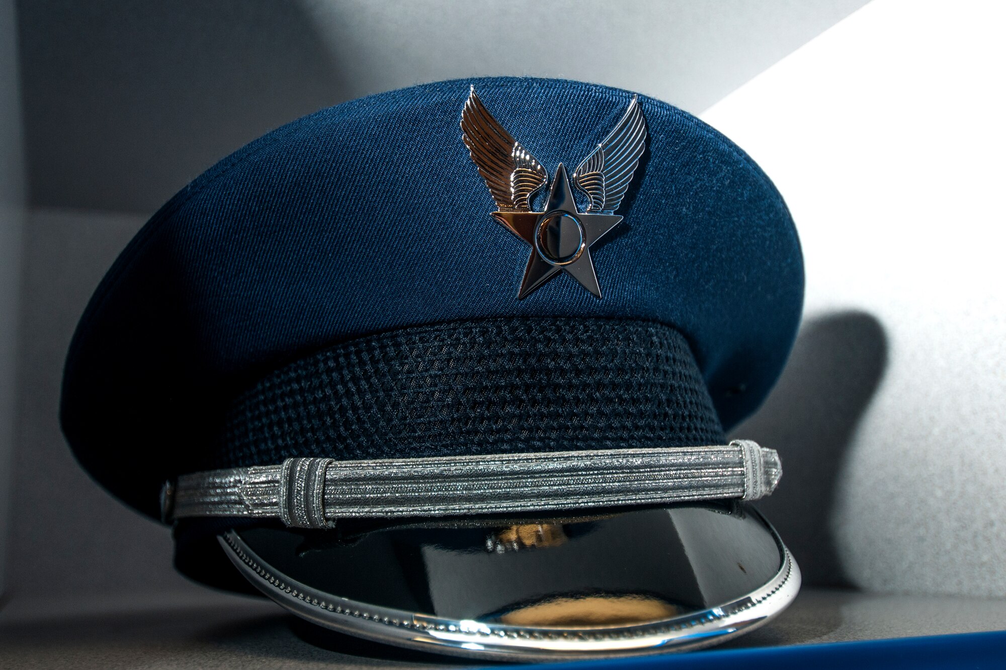 GOODFELLOW AIR FORCE BASE, Texas – An Honor Guard cover sits on display in a cubby at Heath Hall April 23. In the Honor Guard, members are expected to maintain their uniforms in top condition and receive new equipment on assignment. (U.S. Air Force photo/ Senior Airman Scott Jackson)

