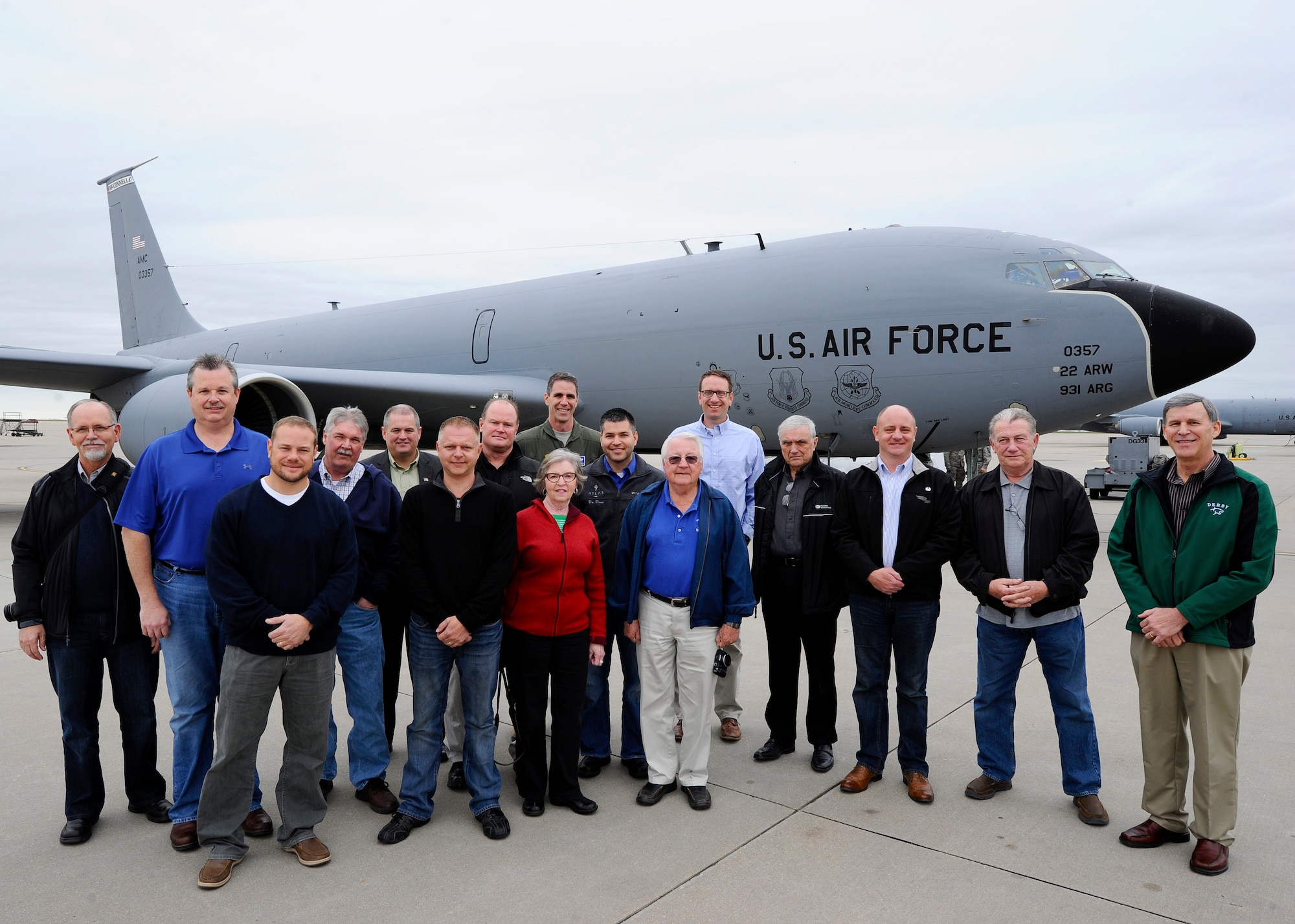 Civic leaders from the Wichita, Kan., area pose with Col. James Dermer (9th from left), 22nd Air Refueling Wing vice commander, before a flight April 23, 2015, at McConnell Air Force Base, Kan. The flight was a demonstration of how the support from the local community helps Team McConnell accomplish its mission of aerial refueling on a daily basis. (U.S. Air Force photo by Senior Airman Victor J. Caputo)