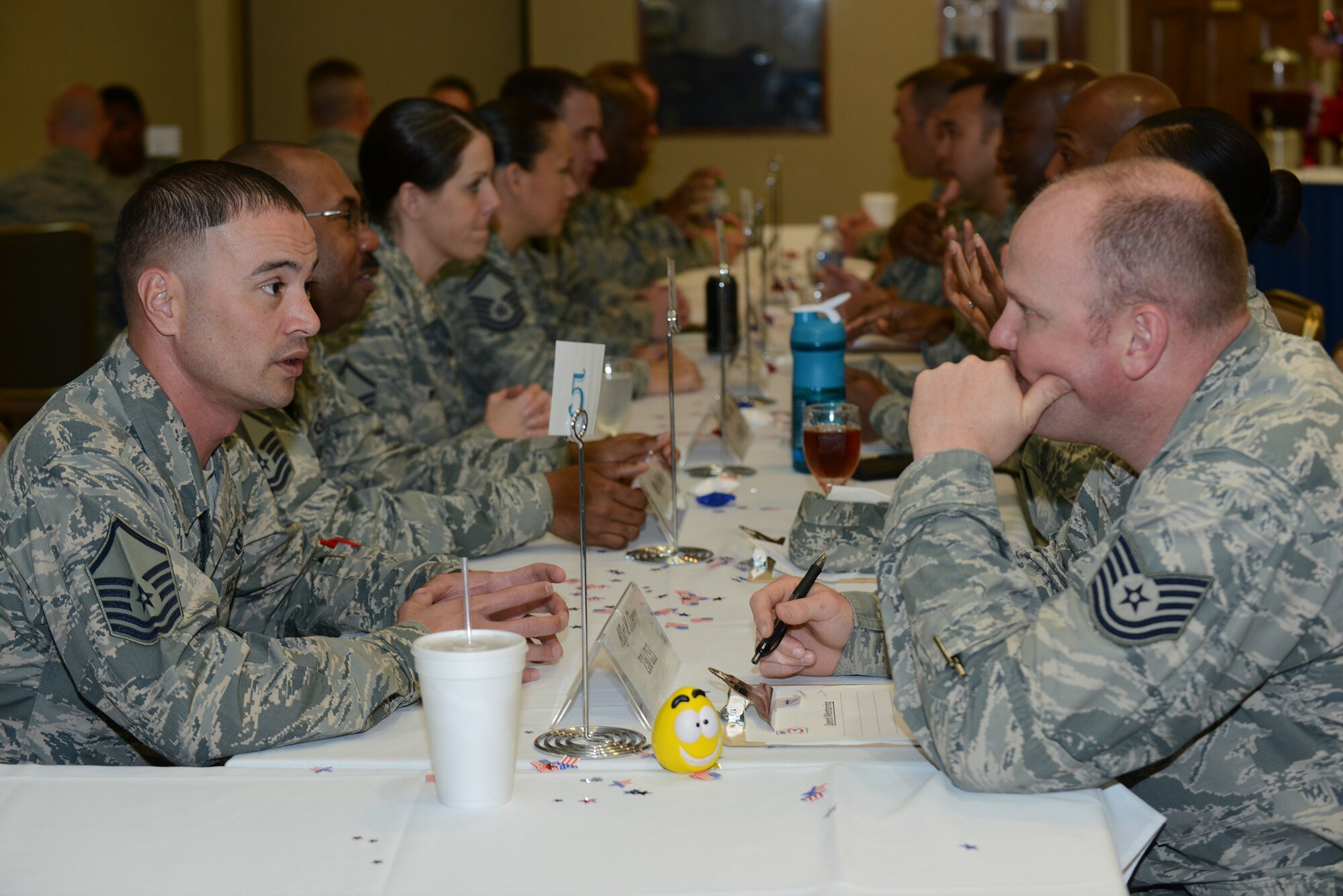 U.S. Air Force Master Sgt. Michael E. Cherry, 23d Civil Engineer Squadron readiness and emergency management flight superintendent, mentors Tech. Sgt. Justin J. Becker, 23d Maintenance Group resource advisor, April 22, 2015, at Moody Air Force Base, Ga. Moody’s Top 3 hosts mentoring events for Airmen of all ranks to learn from senior ranking Airmen about the best methods of promoting and becoming better supervisors. (U.S. Air Force photo by Airman 1st Class Kathleen D. Bryant)