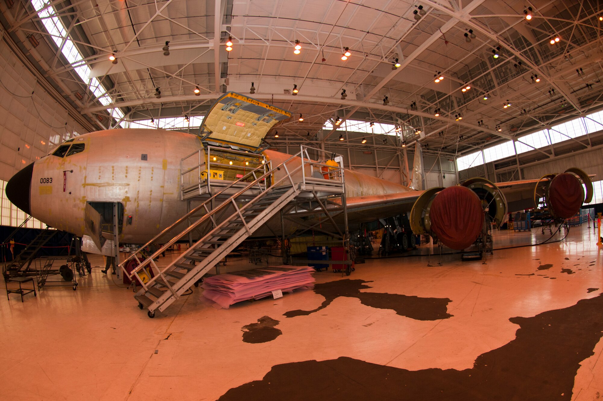 A 121st Air Refueling Wing KC-135 Stratotanker undergoes depot maintenance, Tinker Air Force Base, Okla., Mar. 2, 2015. Depot maintenance is performed on aircraft every five years and involves stripping off the aircraft’s paint and removing many of the parts which are inspected, refurbished or replaced, if necessary. (U.S. Air National Guard photo by Senior Airman Wendy Kuhn/Released)