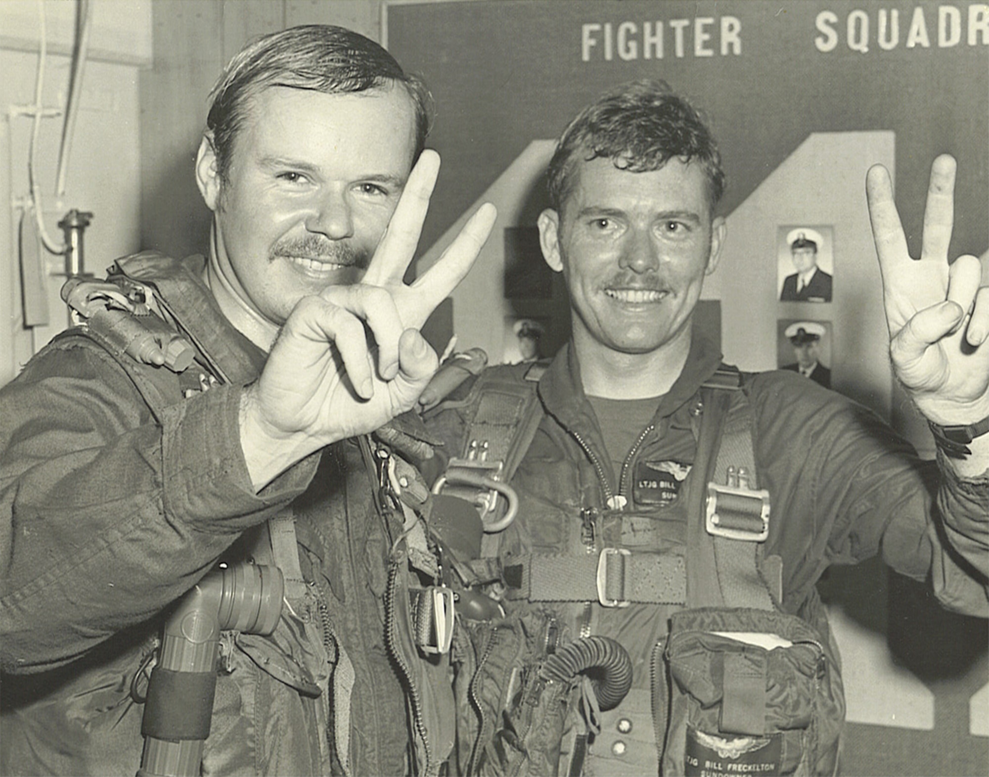 U.S. Navy Lt. Garry Weigand (left), F-4 pilot, and Navy Lt. j.g. William Freckleton, F-4 radar intercept officer, pose after encountering and shooting down an aggressive MiG-17 that engaged their lead F-4 crewmates on March 6, 1972, while flying in trail in an F-4B during a MiG Combat Air Patrol mission 50 miles north of Quang Lang Airfield in North Vietnam. The actions Weigand and Freckleton took that day saved their wingmen. Freckleton is the only decorated Vietnam veteran at the 411th Flight Test Squadron with 117 combat missions, one MiG-17 kill, 1,100 flight hours in the F-4 and 1,300 hours in the F-14, and 357 aircraft carrier landings who is retiring this year after more than 40 years of combined military and government civilian service. (Courtesy photo)