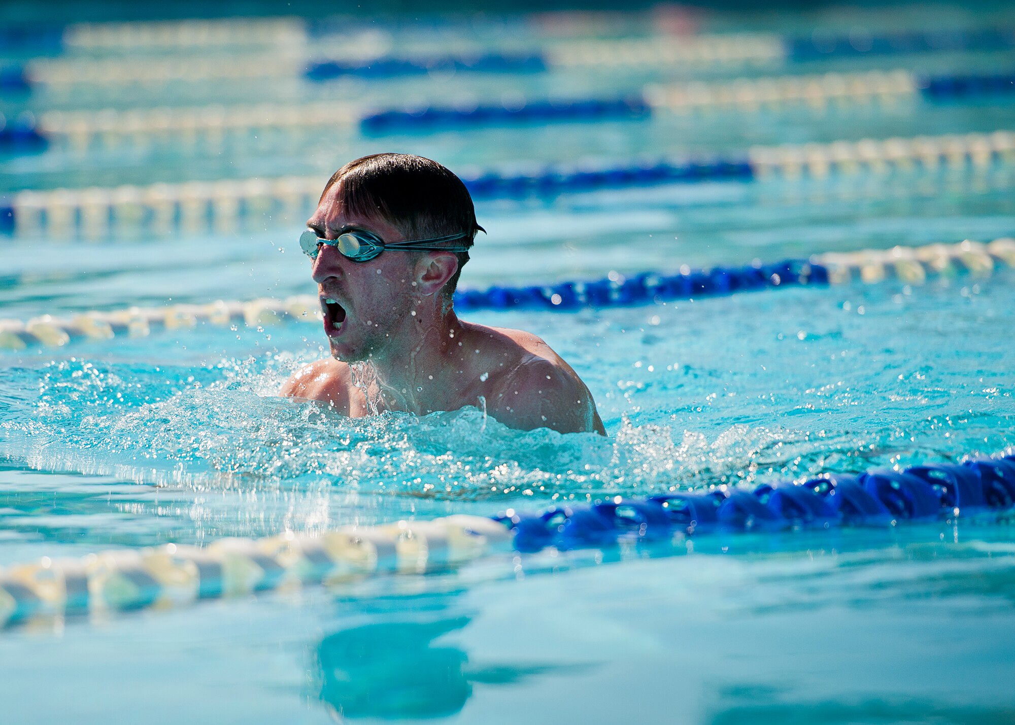 Zachary Burnash, an Air Force an Air Force Wounded Warrior athlete, swims laps during the final day of the Warrior Games training camp at Eglin Air Force Base, Fla., April 22. The five-day training camp for the Air Force’s athletes serves as their last practice session before the Warrior Games June 19-28. (U.S. Air Force photo/Samuel King Jr.)