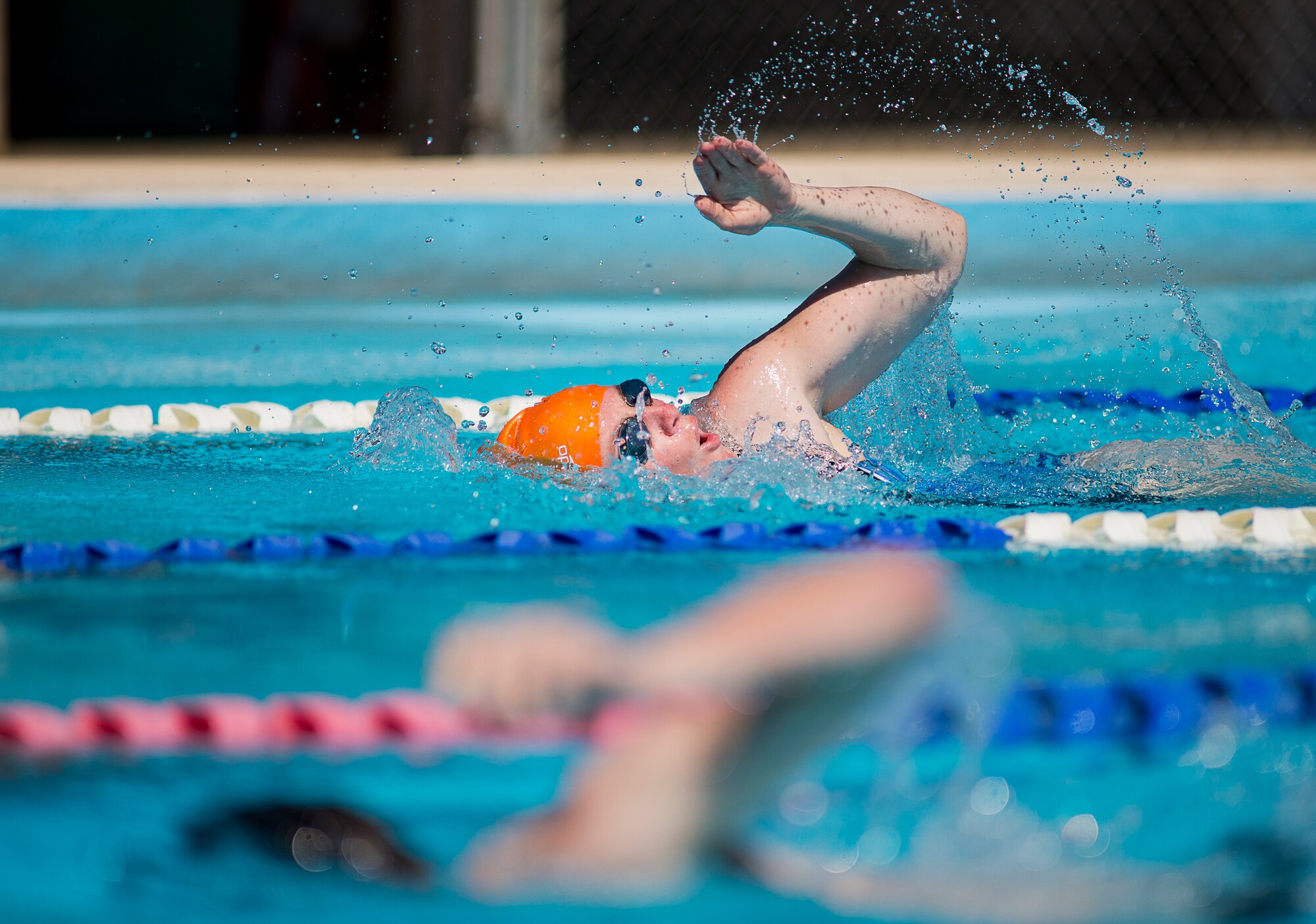 Melissa Gonzales, an Air Force Wounded Warrior athlete, swims laps during the final day of the Warrior Games training camp at Eglin Air Force Base, Fla., April 22. The five-day training camp for the Air Force’s athletes serves as their last practice session before the Warrior Games June 19-28. (U.S. Air Force photo/Samuel King Jr.)