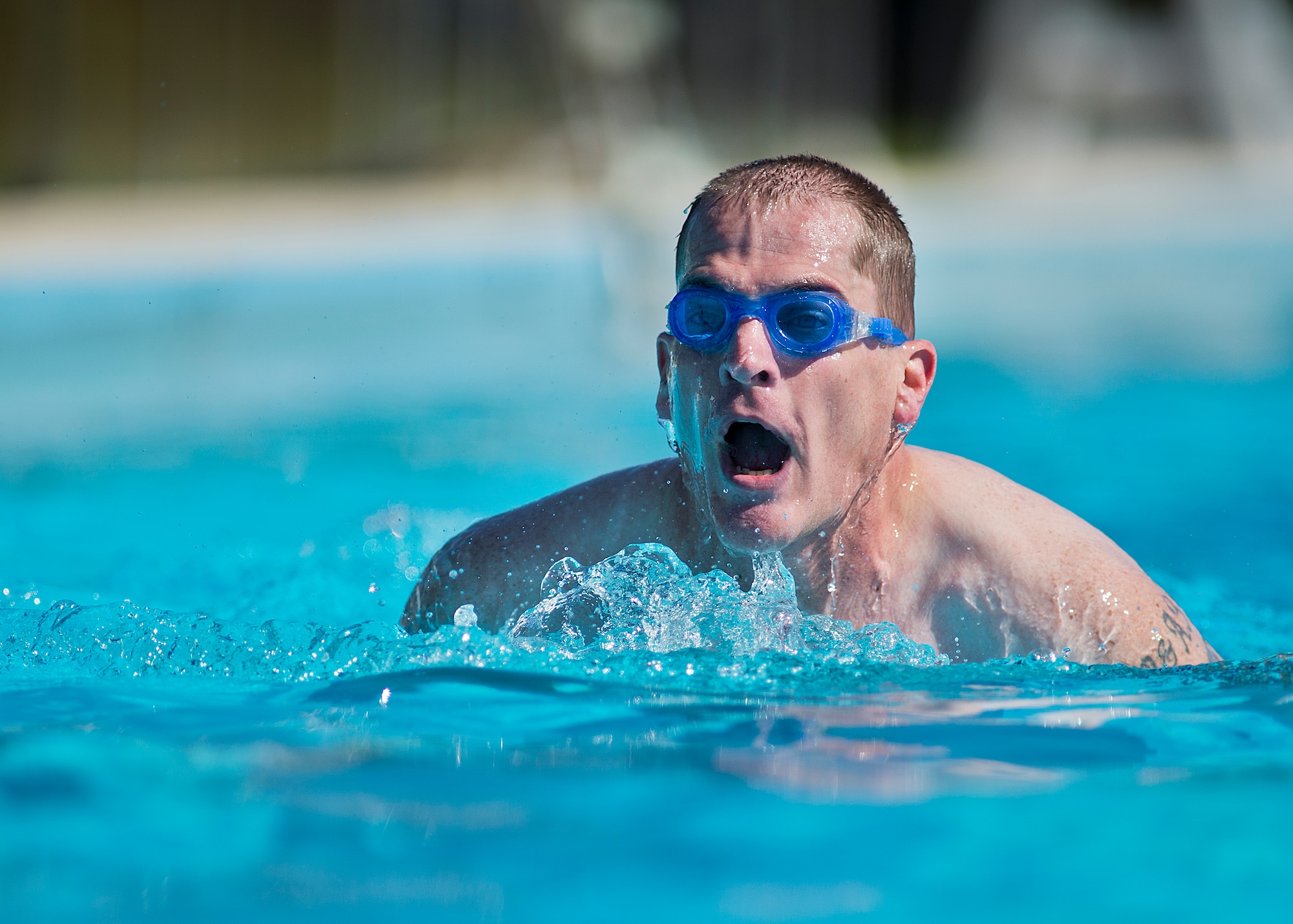 Patrick Young, an Air Force an Air Force Wounded Warrior athlete, swims laps during the final day of the Warrior Games training camp at Eglin Air Force Base, Fla., April 22. The five-day training camp for the Air Force’s athletes serves as their last practice session before the Warrior Games June 19-28. (U.S. Air Force photo/Samuel King Jr.)