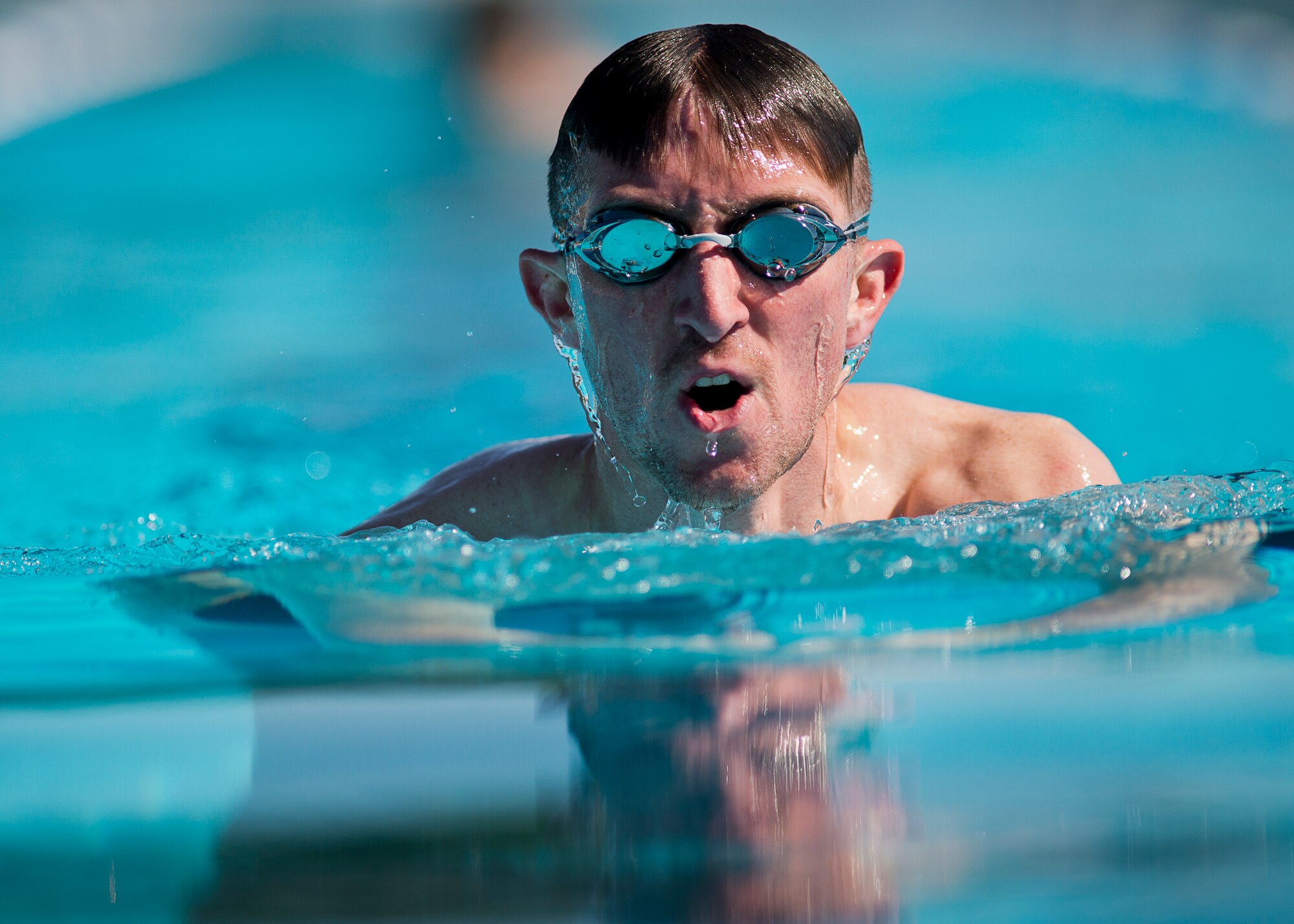 Zachary Burnash, an Air Force an Air Force Wounded Warrior athlete, swims laps during the final day of the Warrior Games training camp at Eglin Air Force Base, Fla., April 22. The five-day training camp for the Air Force’s athletes serves as their last practice session before the Warrior Games June 19-28. (U.S. Air Force photo/Samuel King Jr.)