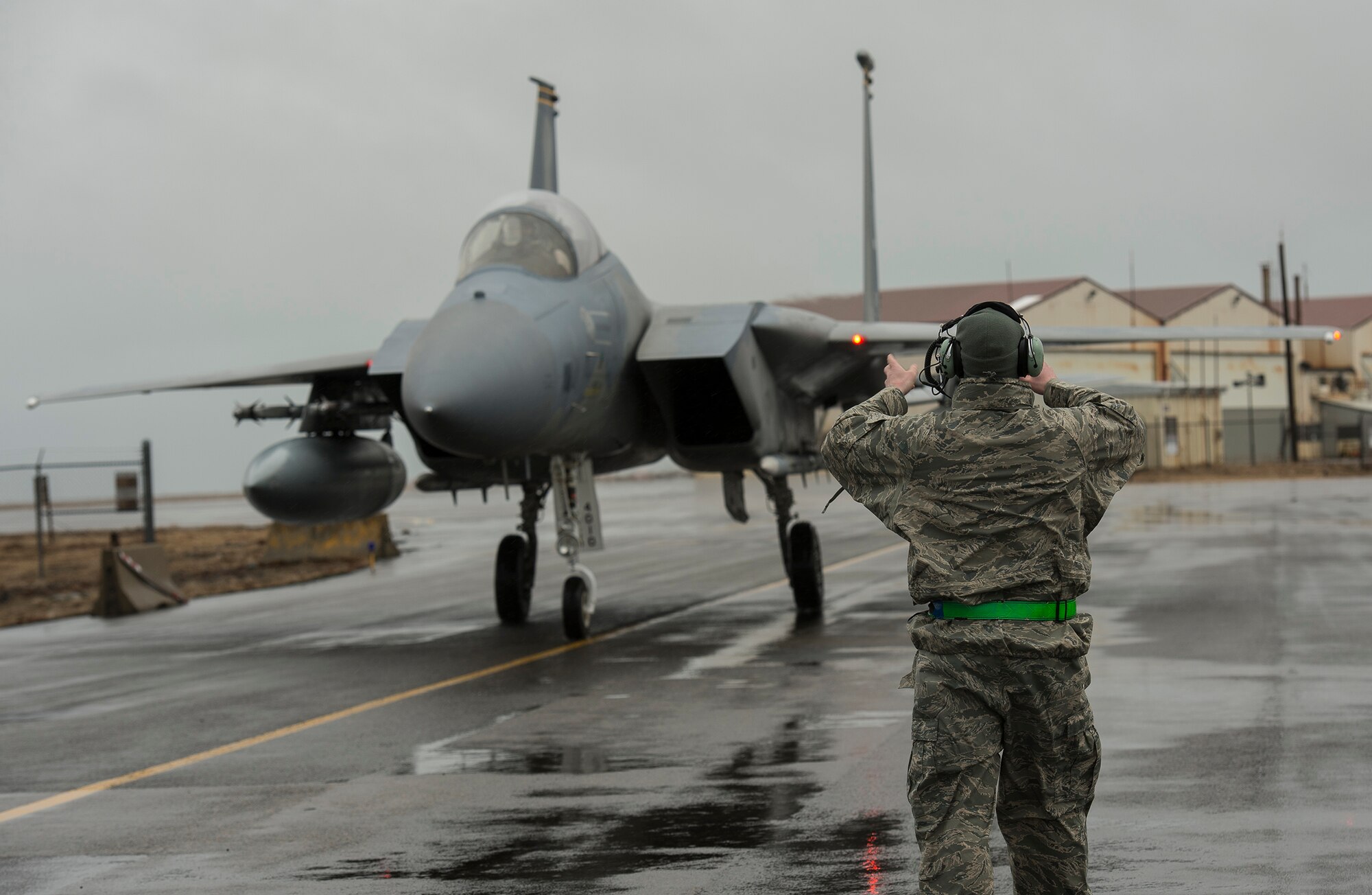 An F-15C Eagle fighter aircraft with the 871st Air Expeditionary Squadron arrives at Keflavik International Airport, Iceland in support of Icelandic Air Surveillance and Policing operations April 13, 2015. Approximately 200 U.S. Airmen are deployed to Iceland for IAS, an annual NATO mission designed to ensure the safety and security of Icelandic airspace. (U.S. Air Force photo by Staff Sgt. Chad Warren/Released)