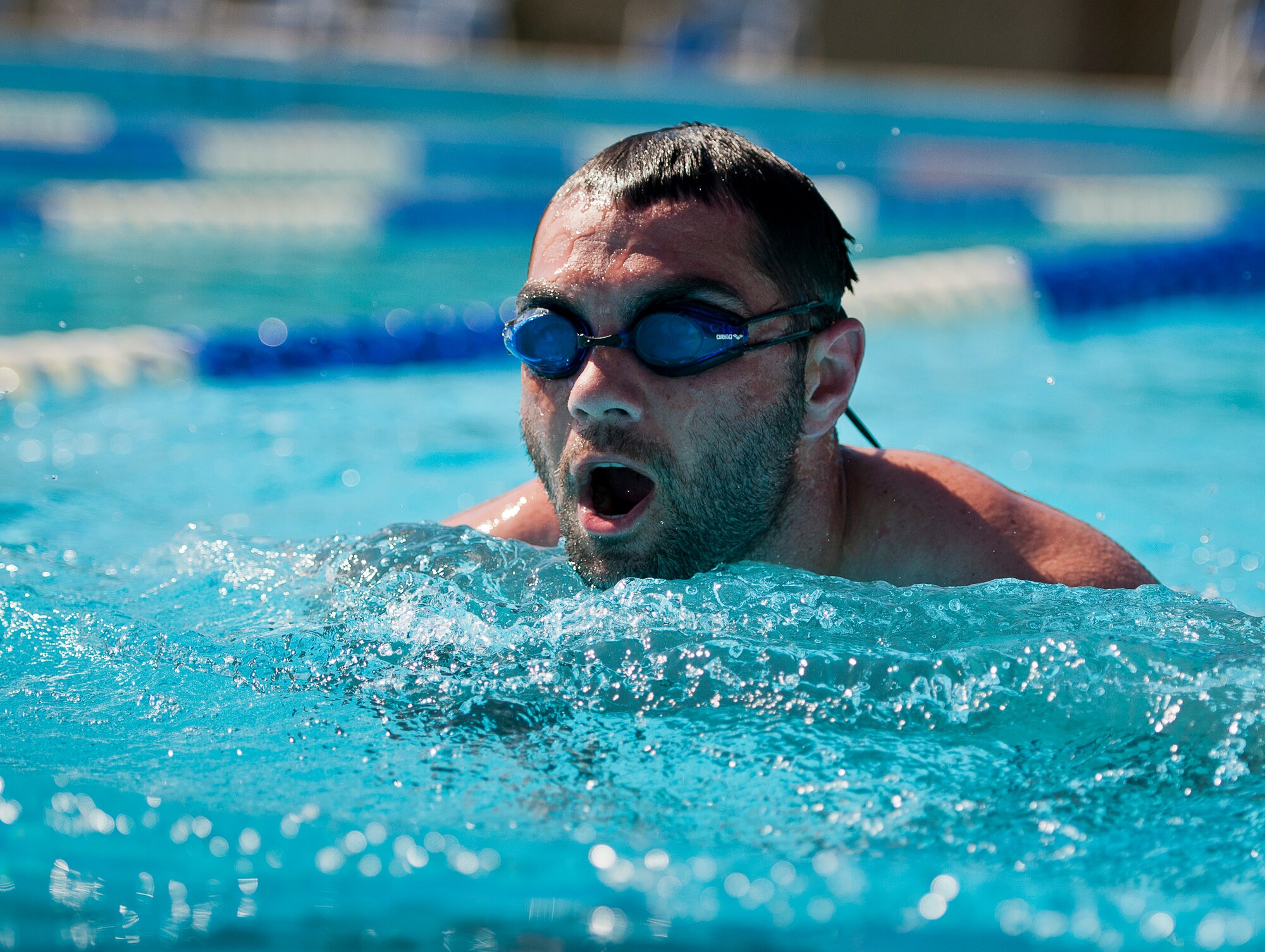 Nick Dadgoster, an Air Force Wounded Warrior athlete, swims laps during the final day of the Warrior Games training camp at Eglin Air Force Base, Fla., April 22. The five-day training camp for the Air Force’s athletes serves as their last practice session before the Warrior Games June 19-28. (U.S. Air Force photo/Samuel King Jr.)