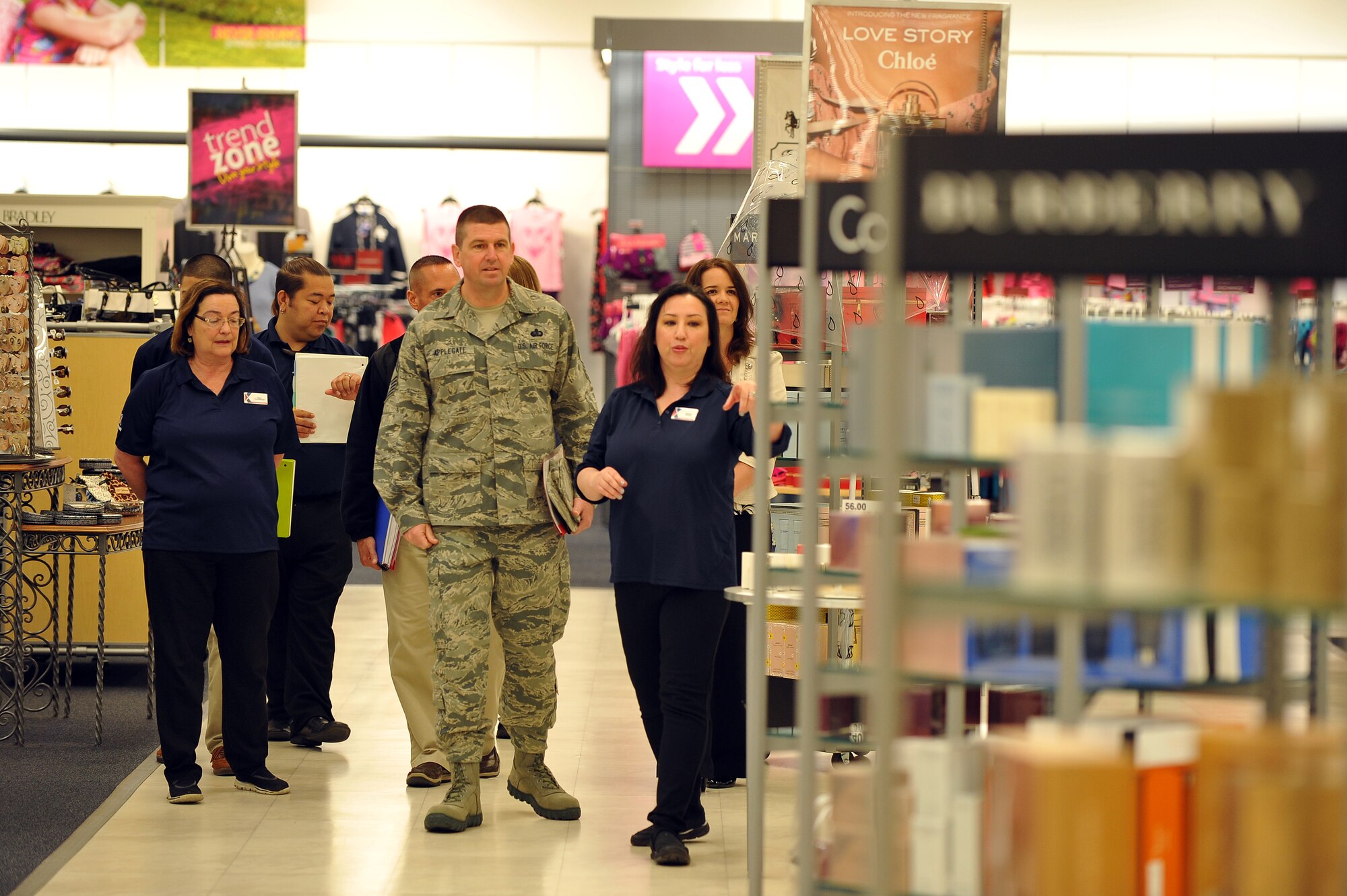 U.S. Air Force Chief Master Sgt. Sean E. Applegate, Senior Enlisted Advisor for the Army & Air Force Exchange Service, tours the Base Exchange, Offutt Air Force Base, Nebraska, Apr. 22. BX management gave the chief a tour of the facility and an opportunity to meet with staff members. (U.S. Air Force photo by Josh Plueger/Released)