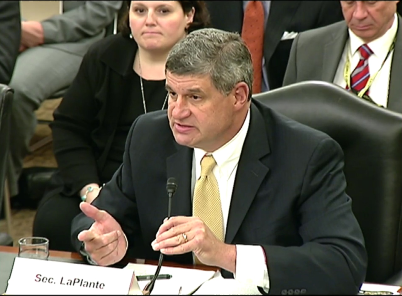William A. LaPlante, assistant secretary of the Air Force for acquisition, testifies before the Senate Armed Services Committee's subcommittee on readiness and management support in Washington, D.C., April 22, 2015.