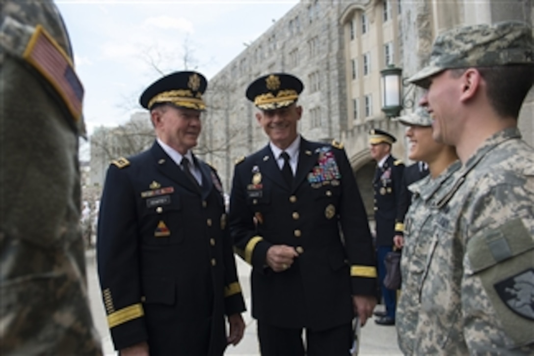 Army Gen. Martin E. Dempsey, left, chairman of the Joint Chiefs of Staff, and Superintendent of the U.S. Military Academy at West Point, Army  Lt. Gen. Robert L. Caslen, Jr., talk with Cadets during his visit to the academy, April 22, 2015. Dempsey is on a two-day tour of the U.S. Naval Academy, U.S. Military Academy and Harvard University. 