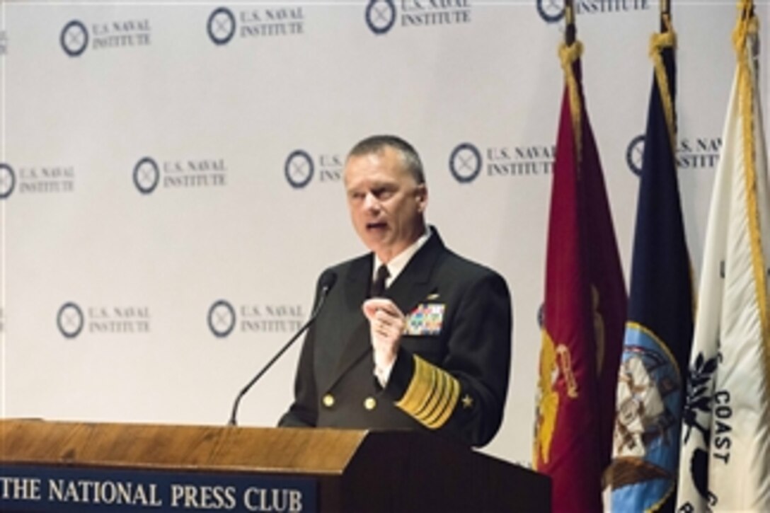 Navy Adm. James A. Winnefeld Jr., vice chairman of the Joint Chiefs of Staff addresses the audience during the 2015 U.S Naval Institute Annual Meeting in Washington, D.C., April 22, 2015. 