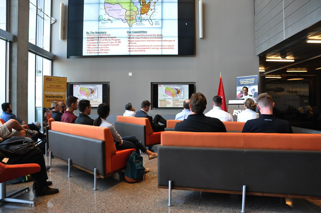 TEMPE, Ariz. -- U.S. Army Corps of Engineers South Pacific Division Commander Brig. Gen. Mark Toy speaks with students and faculty members from the School of Sustainable Engineering and Built Environment and the Del E. Webb School of Construction at Arizona State University here April 15. The day featured the signing of a Memorandum of Understanding between SPD, LA District and ASU that emphasizes the importance of science, technology, engineering and mathematics.