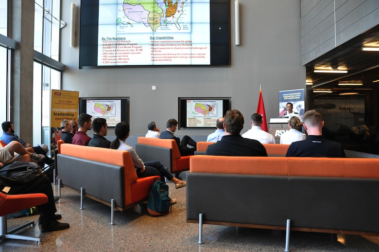 TEMPE, Ariz. -- U.S. Army Corps of Engineers South Pacific Division Commander Brig. Gen. Mark Toy speaks with students and faculty members from the School of Sustainable Engineering and Built Environment and the Del E. Webb School of Construction at Arizona State University here April 15. The day featured the signing of a Memorandum of Understanding between SPD, LA District and ASU that emphasizes the importance of science, technology, engineering and mathematics.