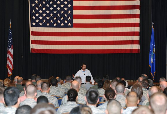 Former Army Staff Sgt. Salvatore A. Giunta, Medal of Honor recipient, visited McConnell Air Force Base, Kan., April 21, 2015. Giunta is the first living Medal of Honor recipient from the wars in Afghanistan and Iraq. He spoke to McConnell members about service and thanked all in attendance for the sacrifices they make every day. (U.S. Air Force photos/Senior Airman David Bernal Del Agua)