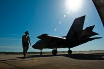 Royal Australian Air Force Squadron Leader Andrew Jackson, F-35 Lightning II student pilot, takes off on his final training mission from Eglin Air Force Base, Florida, April 23, 2015. Jackson made history as the first Australian pilot to fly in the F-35A. The fifth-generation aircraft will meet Australia’s future air combat and strike needs, providing a networked force-multiplier effect in terms of situational awareness and combat effectiveness. (U.S. Air Force photo by Staff Sgt. Marleah Robertson)