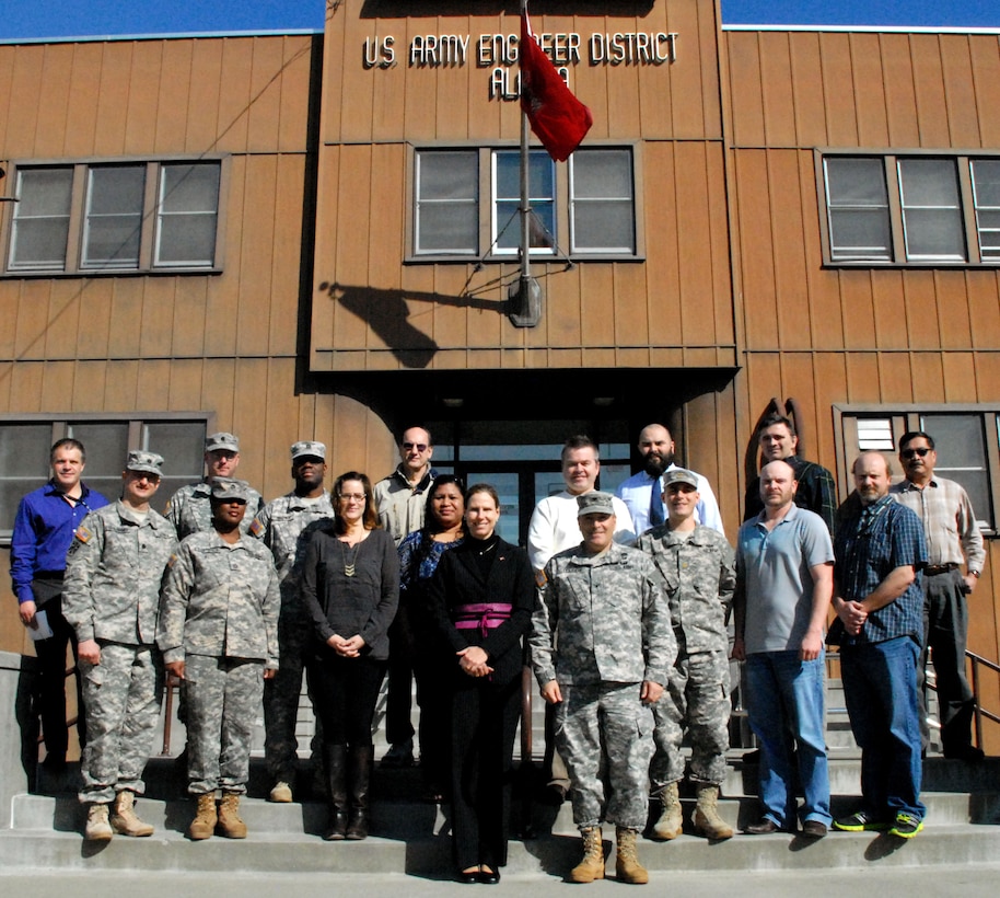 Piper Campbell (first row, left), U.S. Embassy - Ulaanbaatar, Mongolia ambassador, visited the Alaska District to meet with Col. Christopher Lestochi (first row, right), district commander, and members of the Asia Office and Military Contingency Contracting Team April 23. Lestochi provided an overview briefing of the district’s mission and programs. The discussion covered the status of current construction activities in Mongolia and opportunities for potential future work.

(From left to right) First row: Piper Campbell, U.S. Embassy - Ulaanbaatar, Mongolia, ambassador; Col. Christopher Lestochi, district commander. Second row: Lt. Col. Ryan Zachry, MCCT; Sgt. 1st Class Regina Lawrence, MCCT; Michelle Bakner, Asia Office program and reports specialist; Julie Fainuu, Asia Office engineer technician; Maj. F. Adam Negri, U.S. Embassy Ulaanbaatar, Mongolia; Tim Clapp, contract specialist; and Ken Harvey, cost engineer. Third row: Stan Wharry, chief of the Asia Office; Lt. Col. George Nasif, MCCT; Master Sgt. James Brown, MCCT; Robert Ro, electrical engineer; Robert Steinmann, senior architect; Jathan Garrett, Asia Office project manager; Scott Haan, civil engineer; and Inocencio Roman, geotechnical engineer. Not pictured are Fred Cousens, mechanical engineer, and Cheryl Peyton, environmental engineer.