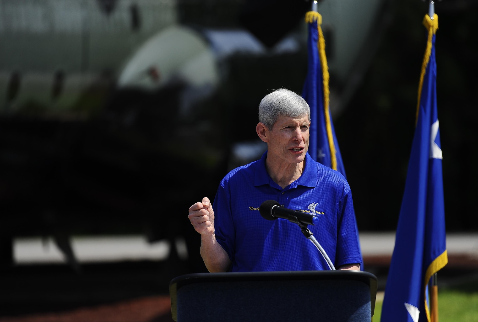 Gen. (Ret) Norton Schwartz speaks at the Hurlburt air park during the Combat Talon Memorial Dedication on Hurlburt Field, Fla., April 24, 2015. (U.S. Air Force photo/Airman Kai White)