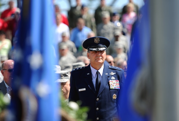 Lt. Gen. Bradley Heithold, Air Force Special Operations Command commander, stands before the presentation of the colors during a ceremony commemorating the 35th Anniversary of Operation Eagle Claw at the airpark on Hurlburt Field, Fla., April 24, 2015. Operation Eagle Claw was an attempted rescue mission April 24, 1980, into Iran to recover more than 50 American hostages captured after a group of  radicals took over the American embassy in Tehran Nov. 4, 1979. The mission resulted in the deaths of eight American service members at a remote site deep in Iranian territory known as Desert One. (U.S. Air Force Photo by Staff Sgt. Katherine Holt)

