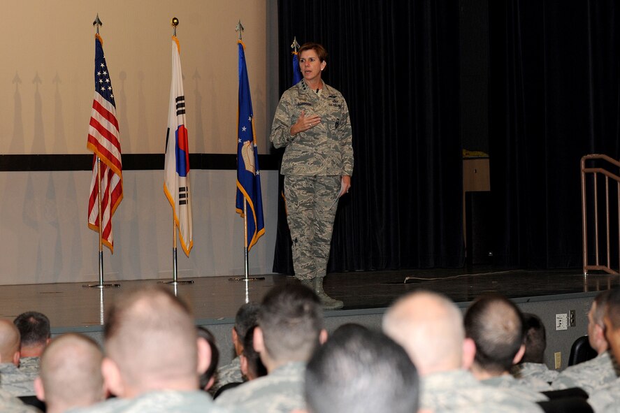 Gen. Lori J. Robinson, Pacific Air Forces commander, held an all-call during her visit to Kunsan Air Base, Republic of Korea April 23, 2015.  During Robinson’s first visit to Kunsan, she took time to meet, recognize and answer the questions from Wolf Pack Airmen, as well as stress her top three priorities. (U.S. Air Force photo by Senior Airman Divine Cox/Released)