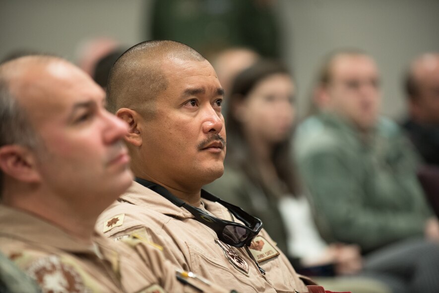 Maj. Johnny Cantu, a C-130 pilot in the 123rd Airlift Wing, attends a briefing at the Kentucky Air National Guard Base in Louisville, Ky., April 24, 2015, prior to his deployment to an undisclosed air base in the Persian Gulf region. Cantu and more than 40 other Kentucky Air Guardsmen comprise the third rotation of 123rd Airmen to deploy to the base since February. They will be flying airlift missions throughout the U.S. Central Command Area of Responsibility in support of Operation Freedom's Sentinel, which provides military training and counterterrorism capabilities in Afghanistan. (U.S. Air National Guard photo by Maj. Dale Greer)