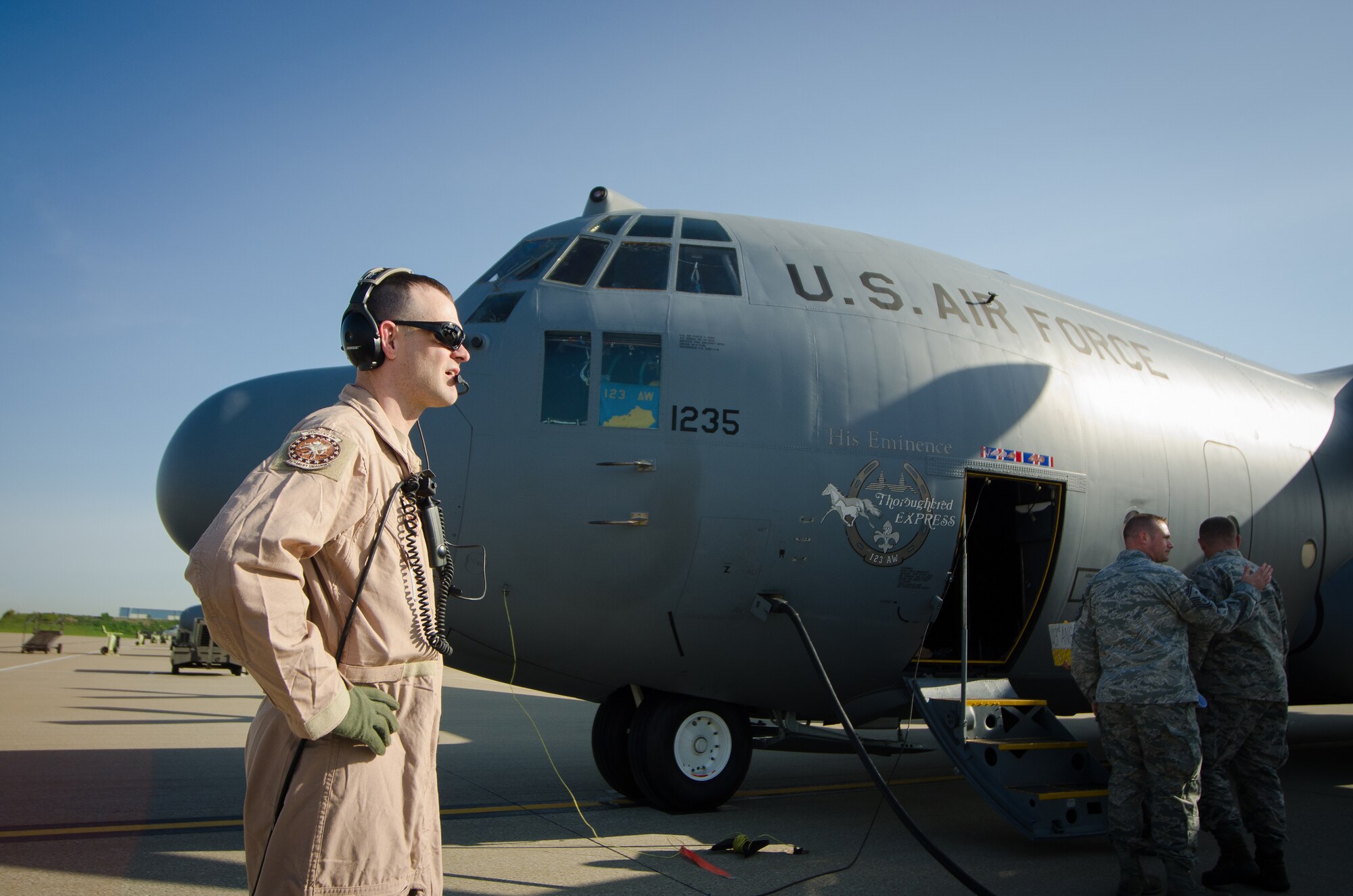 Tech. Sgt. Paul Jones, a loadmaster for the 123rd Airlift Wing, conducts a pre-flight check at the Kentucky Air National Guard Base in Louisville, Ky., April 24, 2015, prior to departing for a deployment to the Persian Gulf. Jones was among more than 40 Kentucky Air National Guardsmen who deployed to an undisclosed air base in support of Operation Freedom’s Sentinel. (U.S. Air National Guard photo by Master Sgt. Phil Speck)