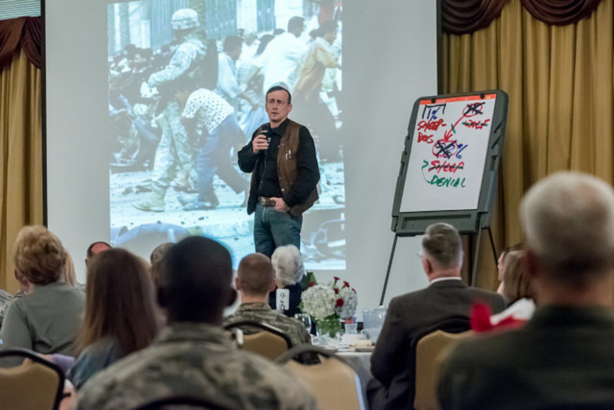 U.S. Army Lt. Col. (retired) David Grossman, speaks at the National Prayer Breakfast April 21, 2015, on Joint Base McGuire-Dix-Lakehurst, N.J. Grossman spoke of the 9/11 terrorist attacks, Sandy Hook massacres, post traumatic stress, and the sacrifices individuals make. Grossman, a former Army Ranger, travels almost 300 days a year, teaching elite military and law enforcement organizations worldwide about the reality of combat and is the author of "On Combat," "Stop Teaching Our Kids to Kill," and "On Killing." (U.S. Air Force photo by Russ Meseroll/Released)