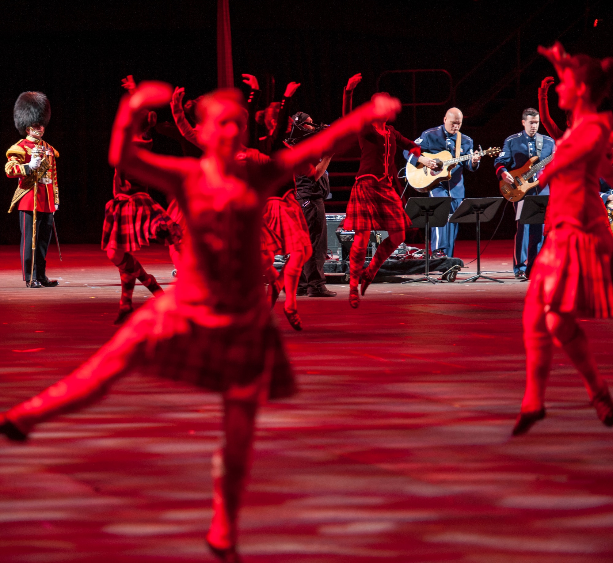 Members of the USAF Heritage of America Band perform in the 2015 Virginia International Tattoo at the Norfolk Scope Arena on February 23. The Tattoo is an annual performance exhibiting military bands, massed pipes and drums, drill teams, Celtic dancers, cultural performers, choirs and more. This year’s theme is “A Tribute to Military Families.” (U.S. Air Force photo by Staff Sgt. Steve Stanley/Released)