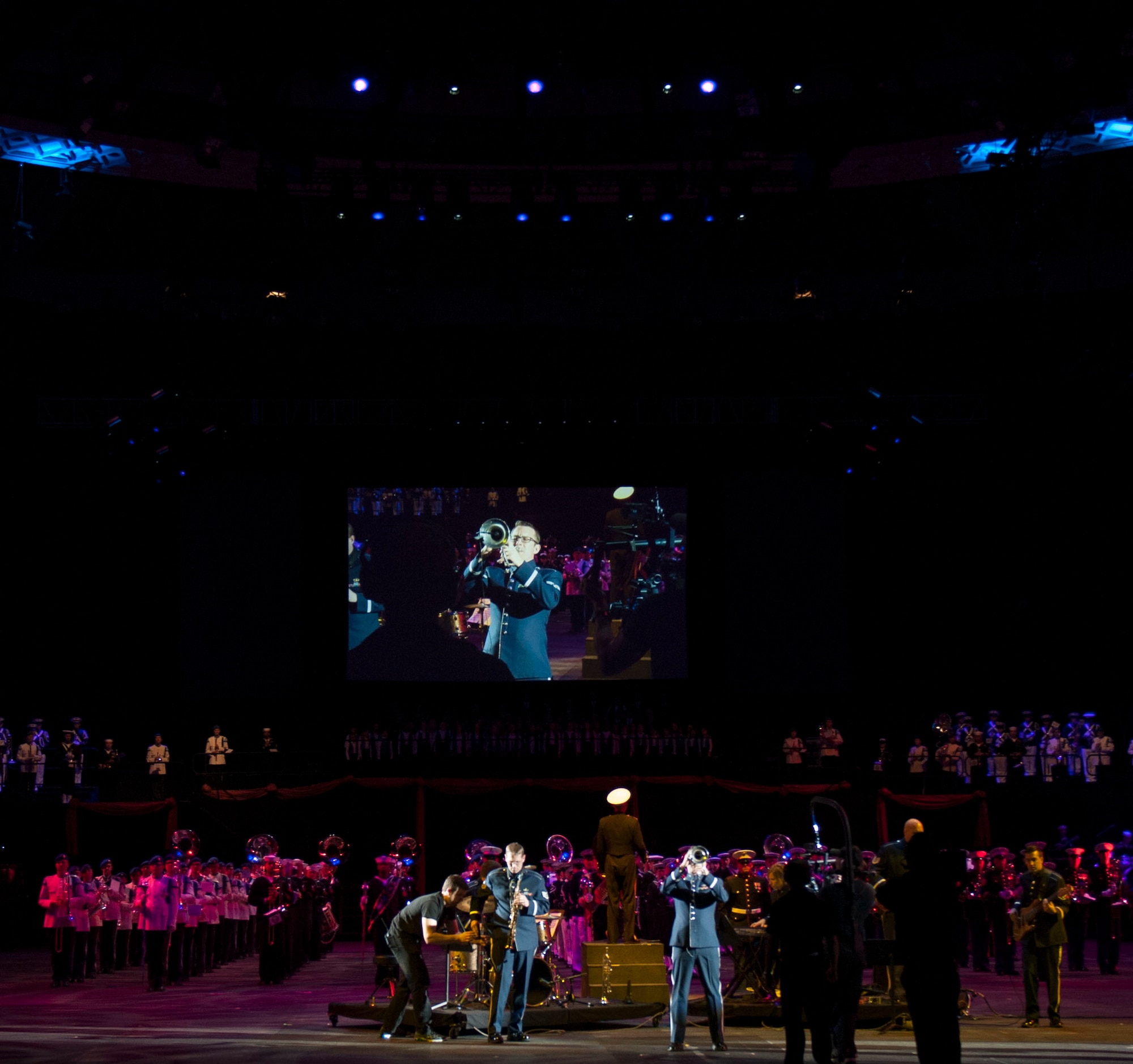 The Rhythm in Blue Jazz Ensemble, a part of the USAF Heritage of America Band, performs in the 2015 Virginia International Tattoo at the Norfolk Scope Arena on February 23. The Tattoo is an annual performance exhibiting military bands, massed pipes and drums, drill teams, Celtic dancers, cultural performers, choirs and more. This year’s theme is “A Tribute to Military Families.” (U.S. Air Force photo by Staff Sgt. Steve Stanley /Released)