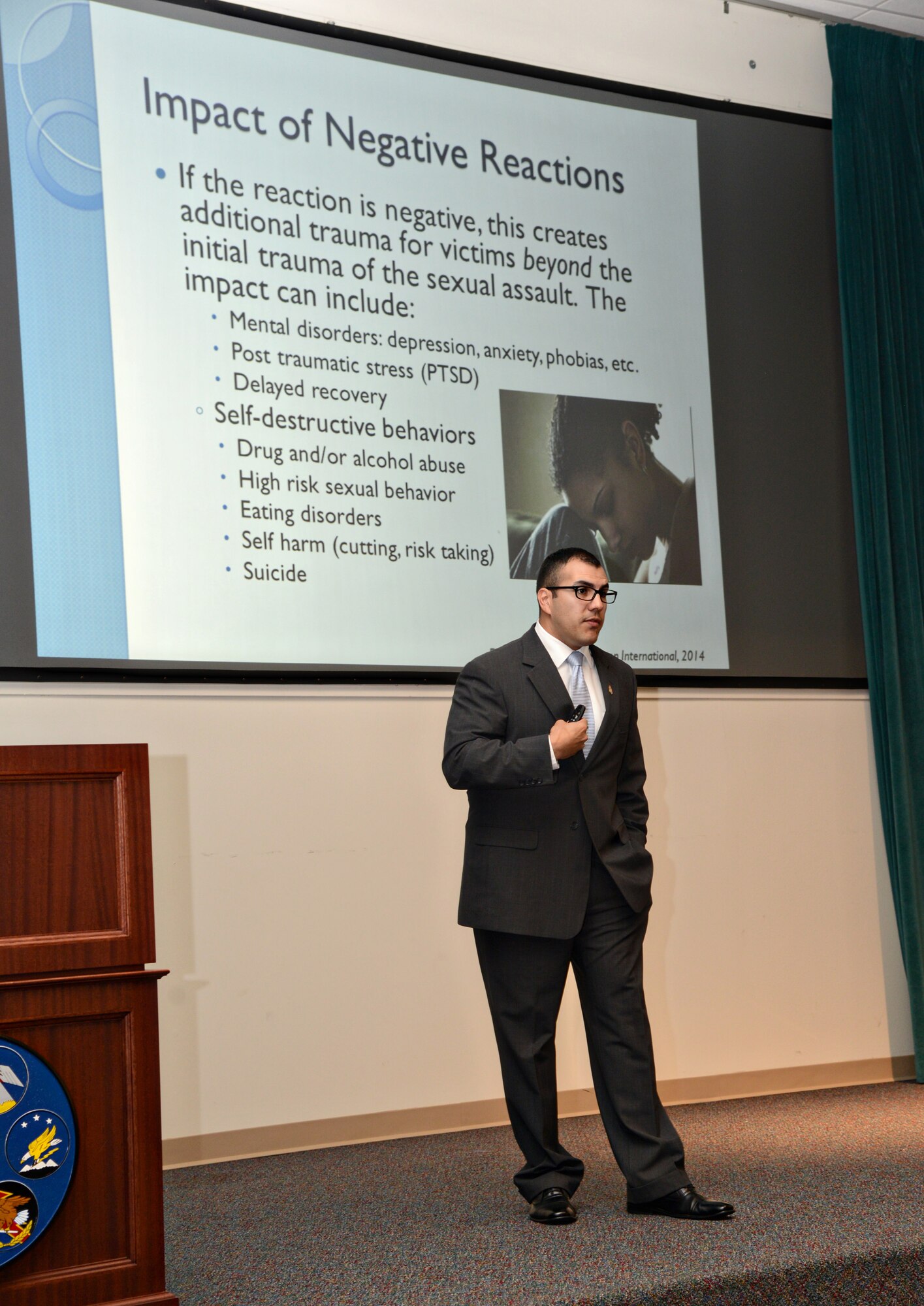 Capt. Paco Balderrama, the public information officer for the Oklahoma City Police Department, speaks to Tinker senior leaders about how they should convey a neutral posture with victims of sexual assault by first making the victim feel safe so they are more likely to be able to pursue an investigation into their case. (Air Force photo by Kelly White/Released)
