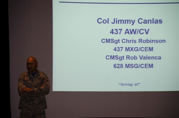 Col. Jimmy Canlas, 437th Airlift Wing vice commander, gives opening remarks at the Annual Motorcycle Riders Safety Brief, April 24, 2015 at Joint Base Charleston – Air Base, S.C. More than 100 riders attended the event, which included a Bike Judging Competition, a group ride to Short Stay in Moncks Corner, S.C., and a Street Riding Skills Mentorship Program orientaiton at JB Charleston – Weapons Station. (U.S. Air Force photo/Staff Sgt. AJ Hyatt)