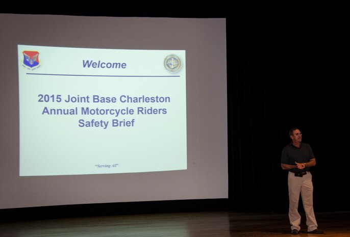 James McMurry, 628th Air Base Wing Motorcycle Safety manager, begins the Annual Motorcycle Riders Safety Brief, April 24, 2015 at Joint Base Charleston – Air Base, S.C. More than 100 riders attended the event, which included a Bike Judging Competition, a group ride to Short Stay in Moncks Corner, S.C., and a Street Riding Skills Mentorship Program orientaiton at JB Charleston – Weapons Station. (U.S. Air Force photo/Staff Sgt. AJ Hyatt)