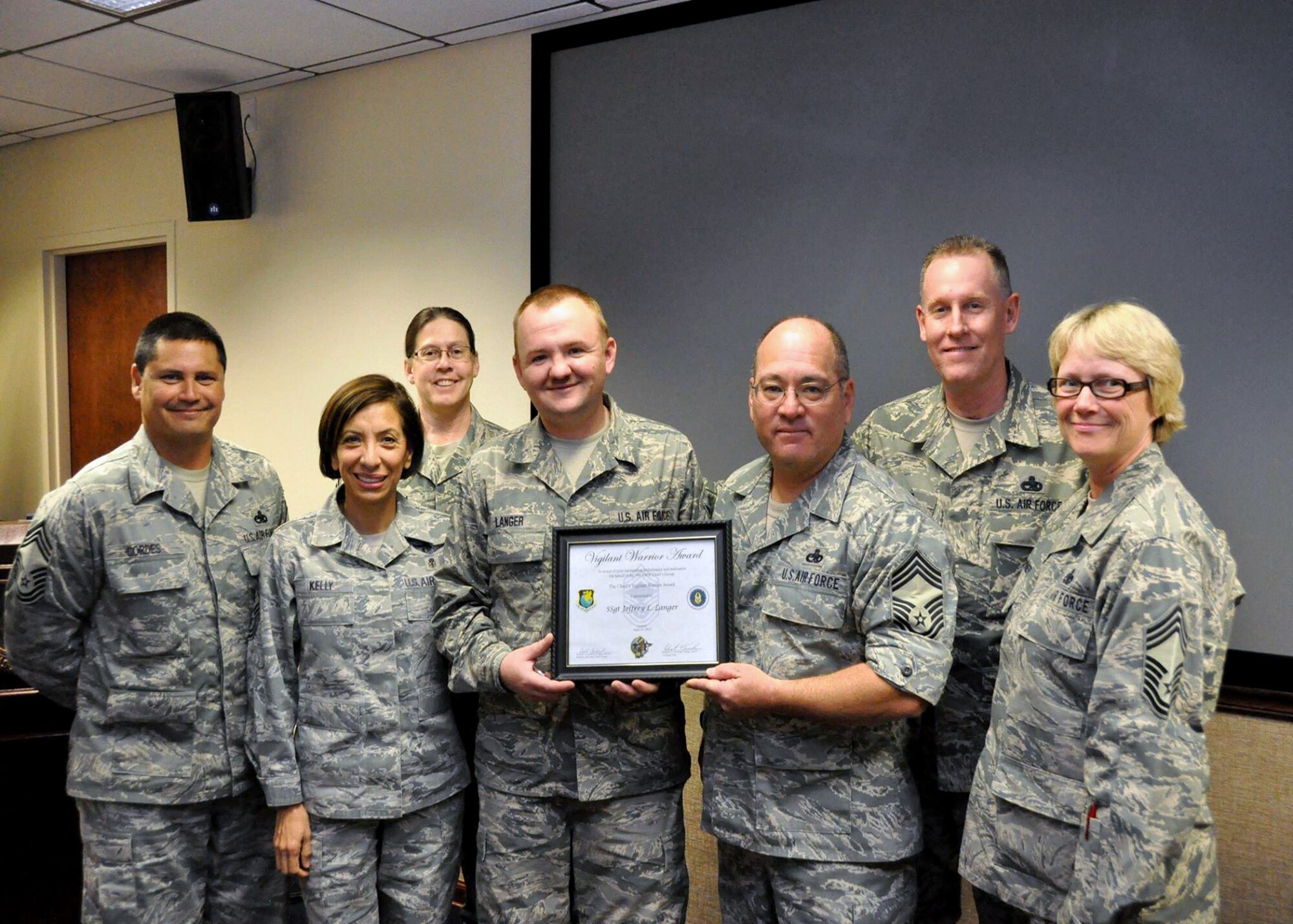 TRAVIS AIR FORCE BASE, Calif. -- Staff Sgt. Jeffrey L. Langer, 349th Force Support Squadron, was recognized by the 349th Air Mobility Wing Chief’s Group with the Chief’s Vigilant Award April 19, 2015 at Travis Air Force Base, Calif. (U.S. Air Force photo/Senior Airman Sajjan Singh)
