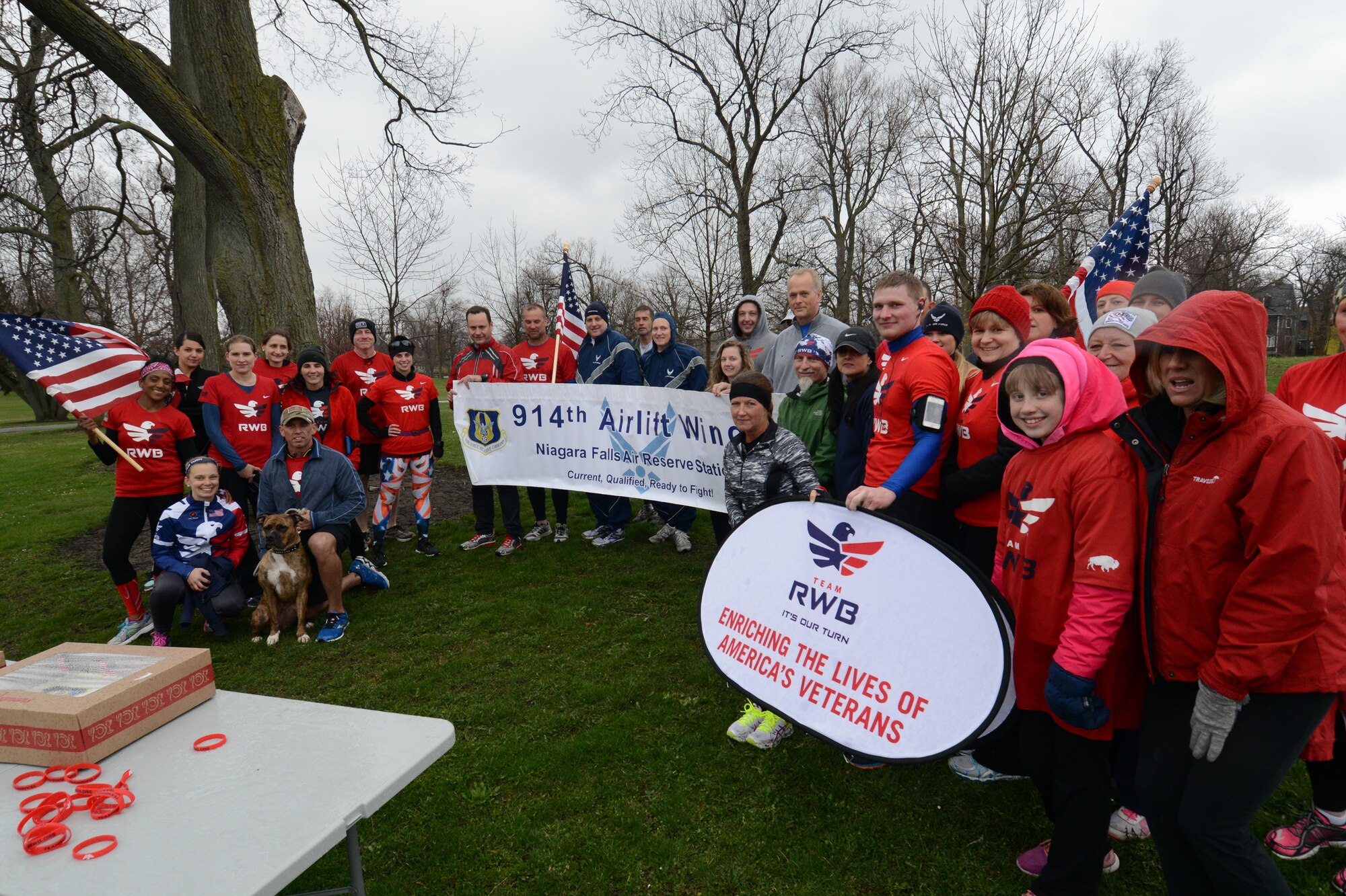 Airmen of the 914th Airlift Wing and the local chapter of Team Red White and Blue, a Veteran Outreach organization, pose for group shot prior to running in honor of the U.S. Air Force Reserve Birthday April 22, 2015.  The Airmen, Veterans and civilians ran a cumulative 67 laps at Delaware Park in Buffalo, NY as part of ongoing events throughout the month of April celebrating the U.S. Air Force Reserve’s birthday. (U.S. Air Force photo by Tech. Sgt. Andrew Caya)