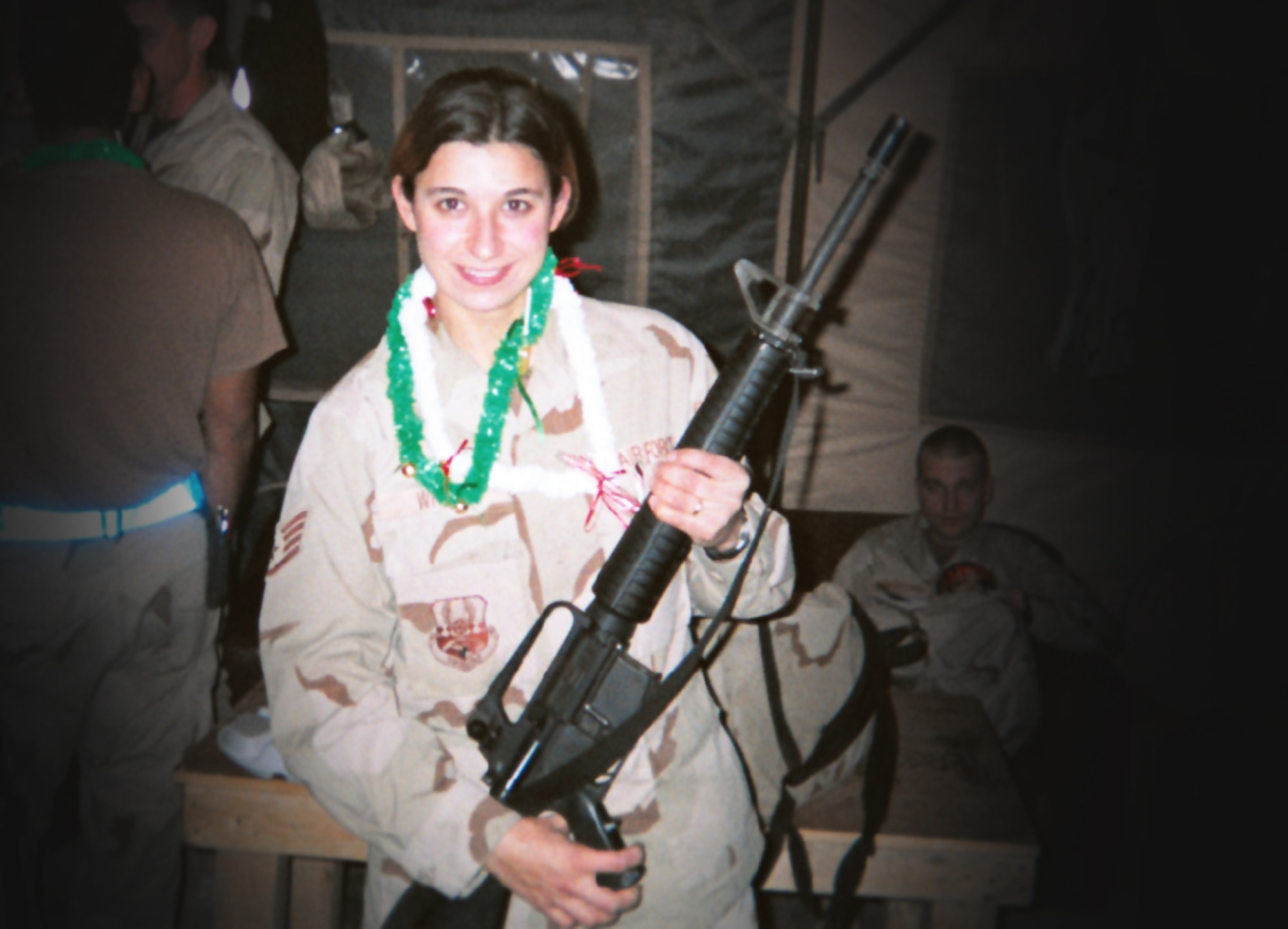 From 2004: Staff Sergeant Mary Barnett during her deployment from Hill Air Force Base to Balad Air Base, Iraq, as an F-16 avionics technician with the 421st Aircraft Maintenance Unit. Barnett was wounded in a mortar attack on the base in the early morning hours of Sept. 11, 2004. (Courtesy photo)