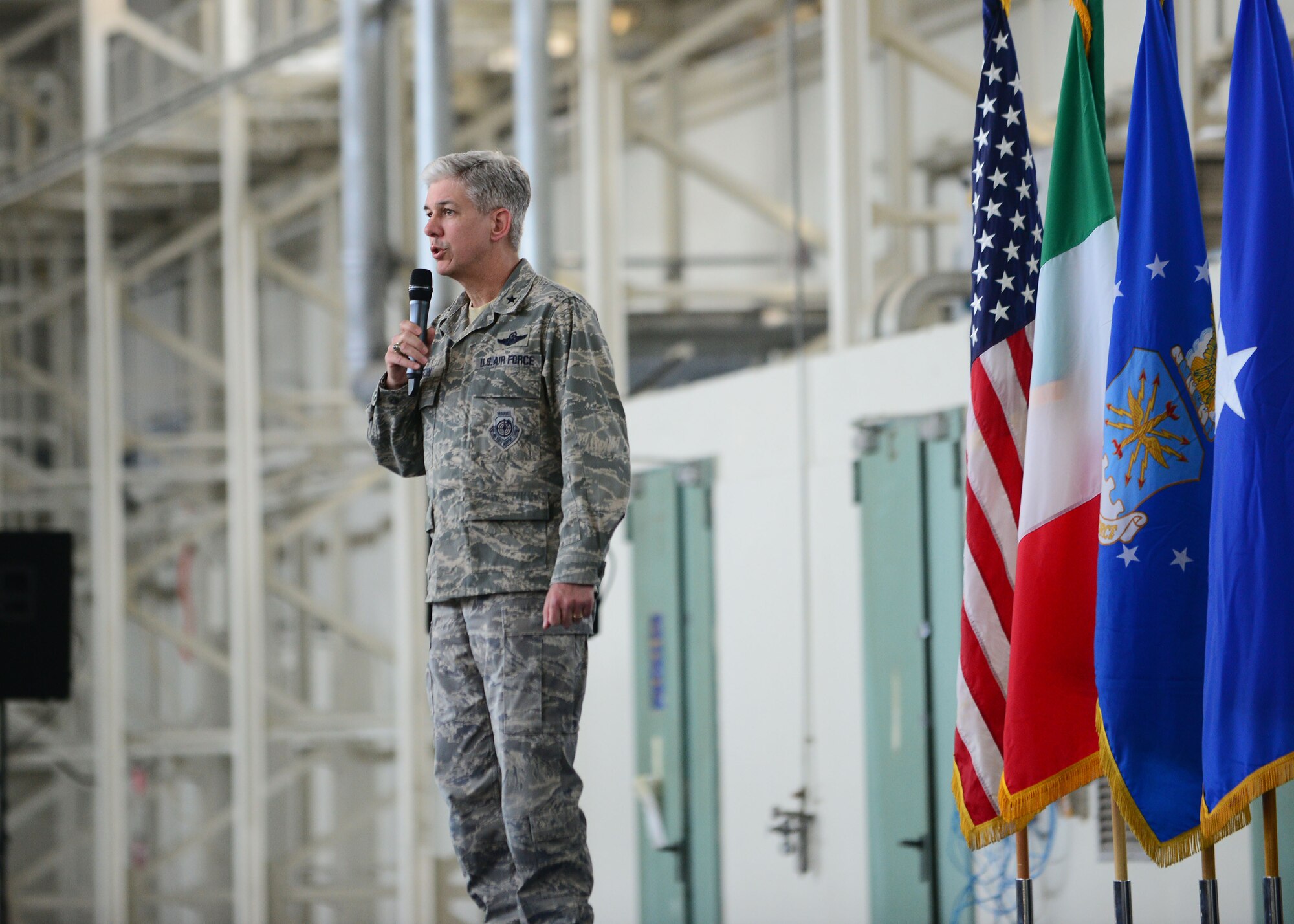 U.S. Air Force Brig. Gen. Barre Seguin, 31st Fighter Wing commander, briefs service members on the DUI Battle Plan and the way forward for red, the current DUIs condition, April 23, 2015, at Aviano Air Base, Italy. The DUI Battle Plan is designed to protect Team Aviano members’ futures and enables them to make responsible choices through education and enforcement of responsible drinking habits. (U.S. Air Force photo by Senior Airman Matthew Lotz/Released)
