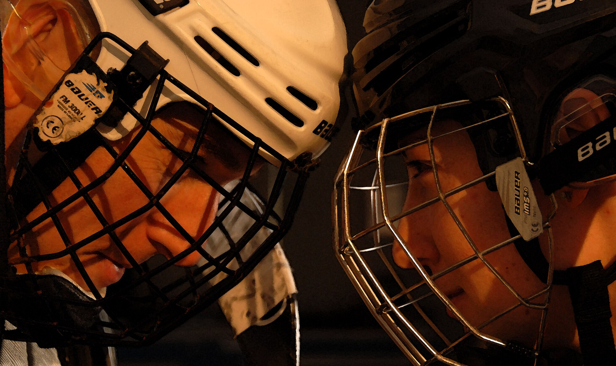 Capt. Aaron Shick (on left), 111th Air Operations Group logistics officer, and Capt. Robyn Thome, 111th Force Support Squadron director of personnel, get fired up for the upcoming hockey tournament slated to be held April 25, 2015, at Ice Line Quad Rinks in West Chester, Pa. The tournament is sponsored to increase awareness and combat autism. (U.S. Air Guard photo illustration by Master Sgt. Christopher Botzum/Released) 